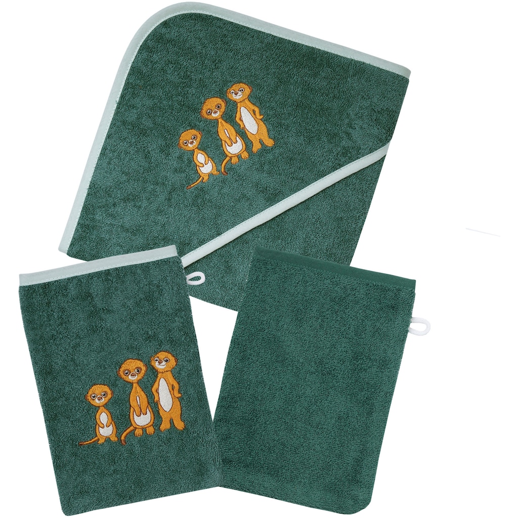 Wörner Handtuch Set »Erdmännchen pinie Kapuzenbadetuch mit 2 Waschhandschuhen«, (Spar-Set, 3 St.)