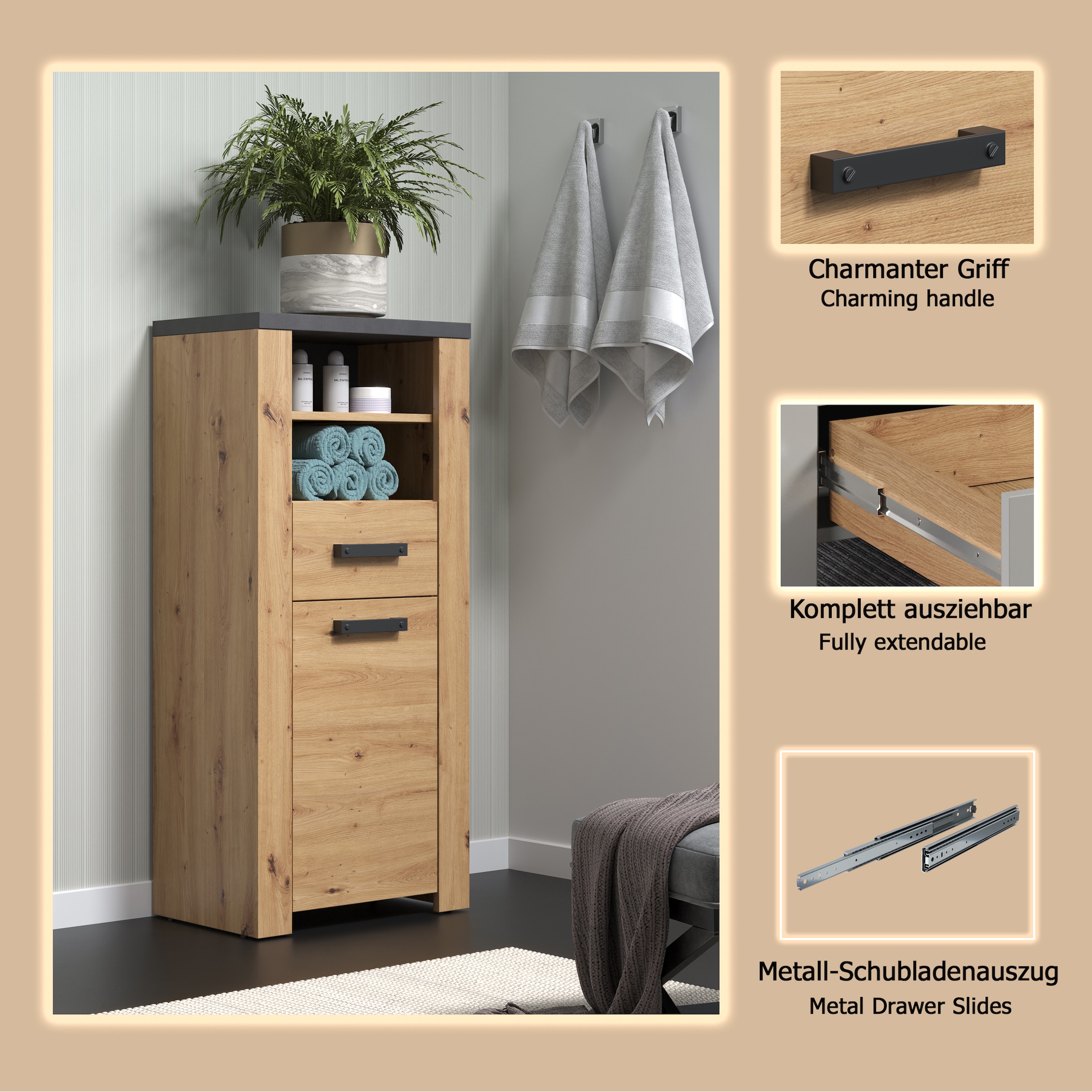 welltime Midischrank »Ambres« 1 Stk. tlg. Badschrank in matter Echtholzoptik - Maße (B/T/H) 53/35/118 cm