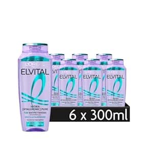 L'ORÉAL PARIS Haarshampoo »L'Oréal Paris Elvital Hydra Hyaluronic Pure Shampoo«, (Packung, 6 tlg.), Reinigt fettige Kopfhaut, spendet bis zu 72h Feuchtigkeit für Längen.