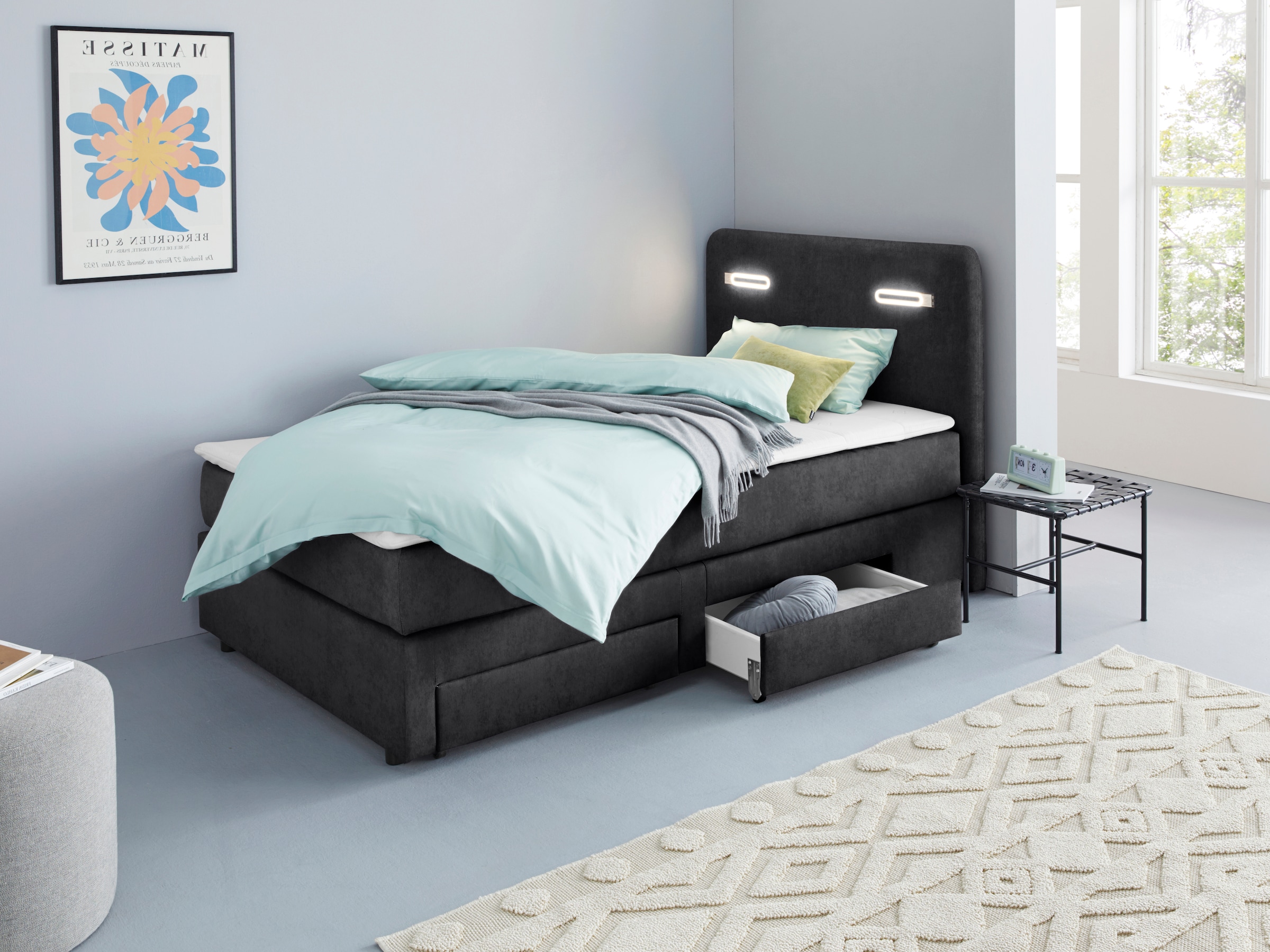 INOSIGN Boxbett »Luan«, Schubkästen, LED-Beleuchtung und Topper, in Breite 120 cm und 180 cm