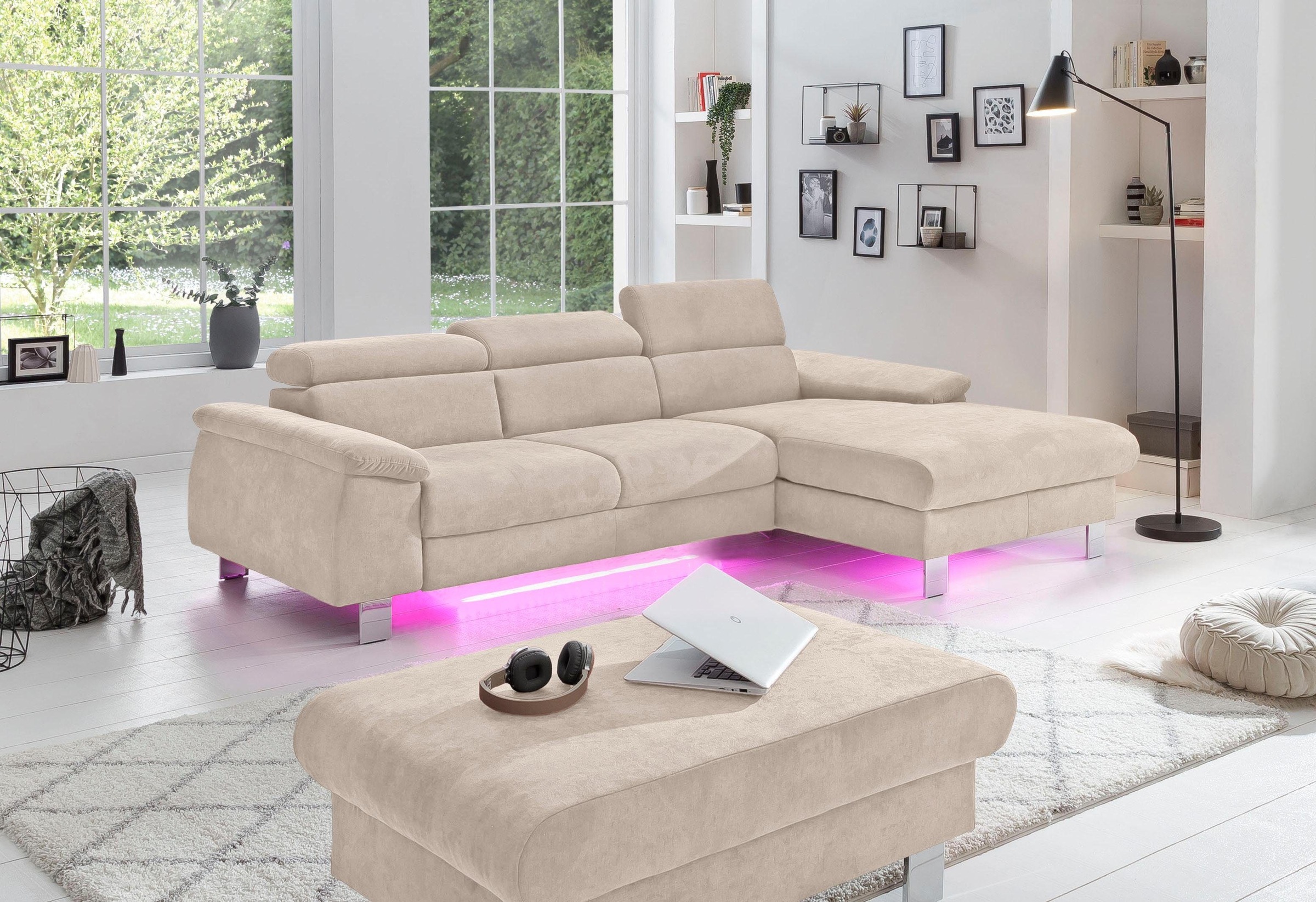 COTTA Ecksofa Komaris, Ecksofa, wahlweise mit RGB-LED-Beleuchtung und Bettfunktion/Bettkasten