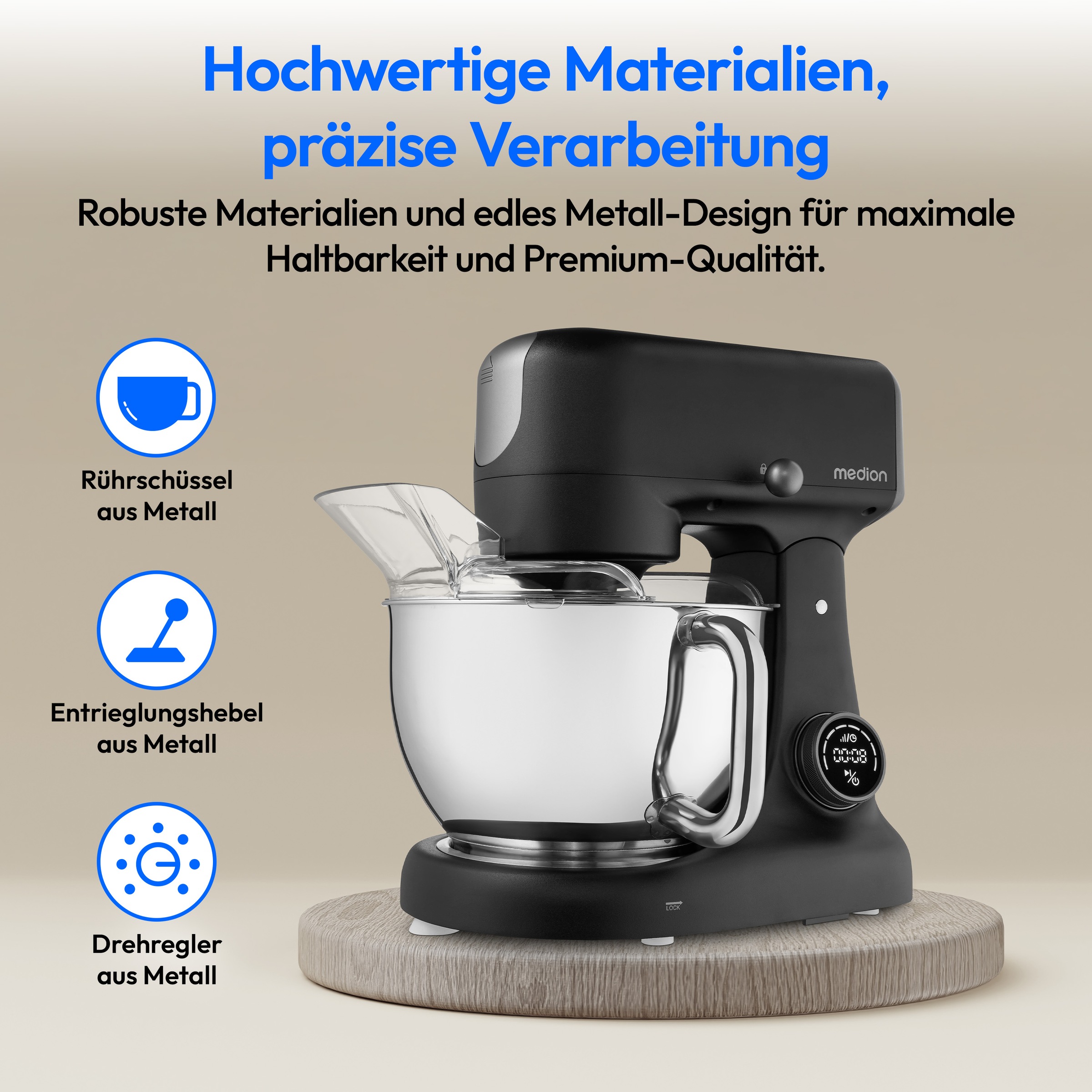 Medion® Küchenmaschine »MD 12600, 8 Geschwindigkeitsstufen, Impulsfunktion, DC-Motor, 4,6 L«, Mit umfangreichem Zubehör-Set, Fleischwolf-Aufsatz, Gemüsereibe
