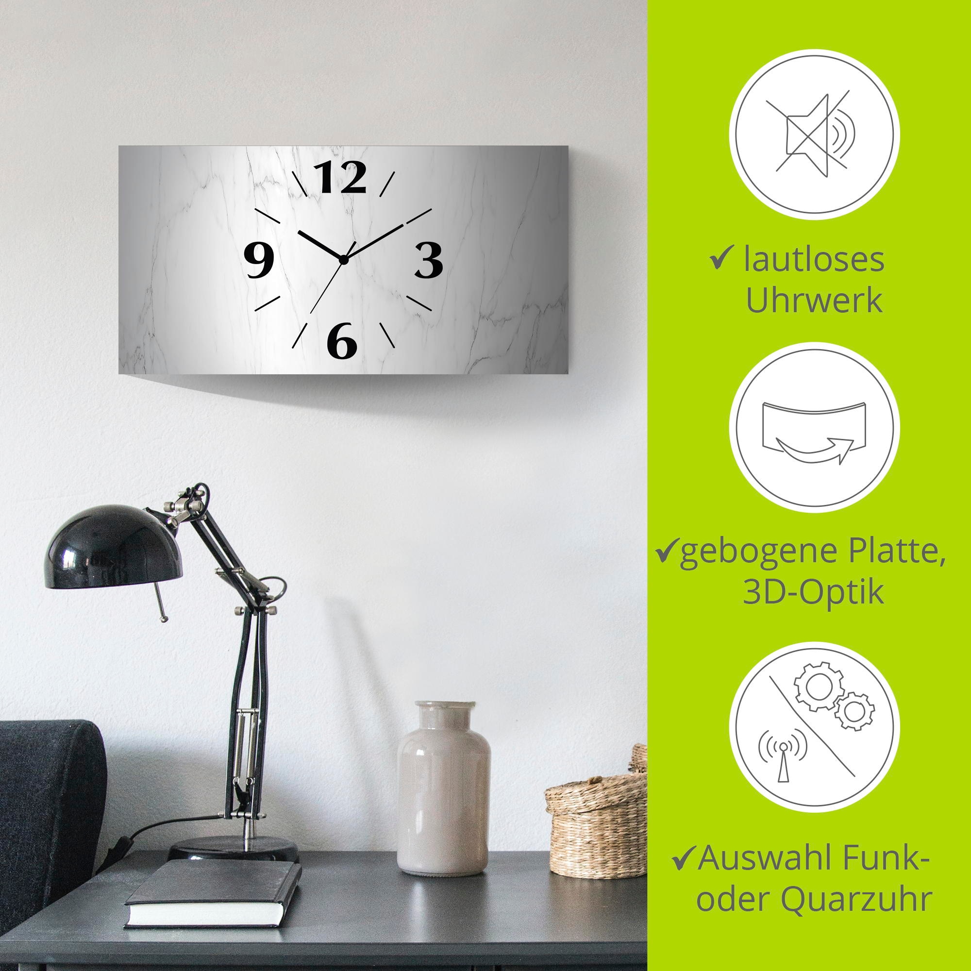 Artland Wanduhr »Weiße Marmor Textur«, 3D Optik gebogen, mit Quarz- oder Funkuhrwerk, versch. Größen