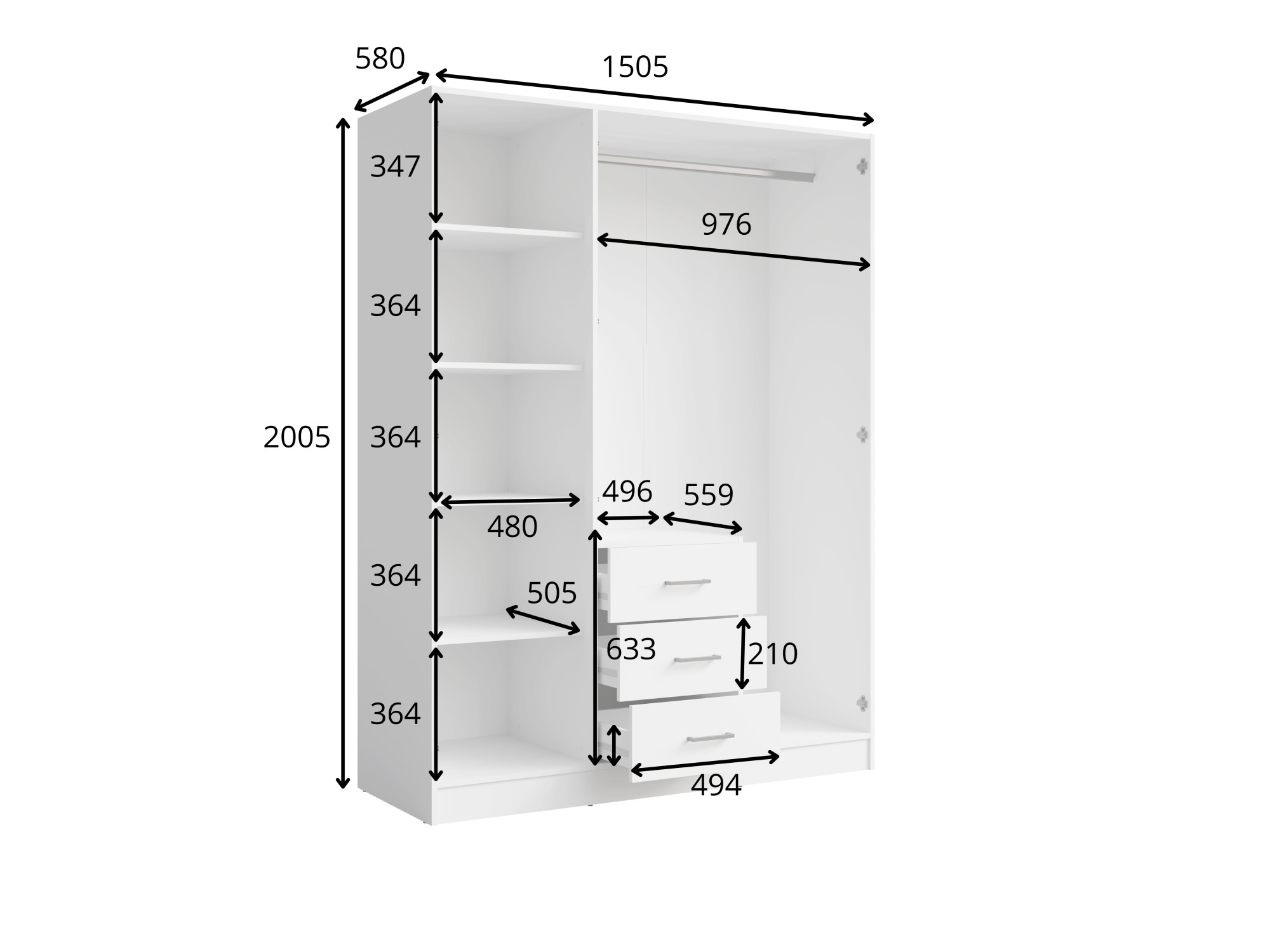 Home affaire Kleiderschrank »KOS Garderobe mit 3 Schubladen, Kleiderstange, 4 Einlegeböden, Spiegel«, Wäscheschrank mit 3 Drehtüren, silber Griffen, Maße B/H/T 150/200/58cm