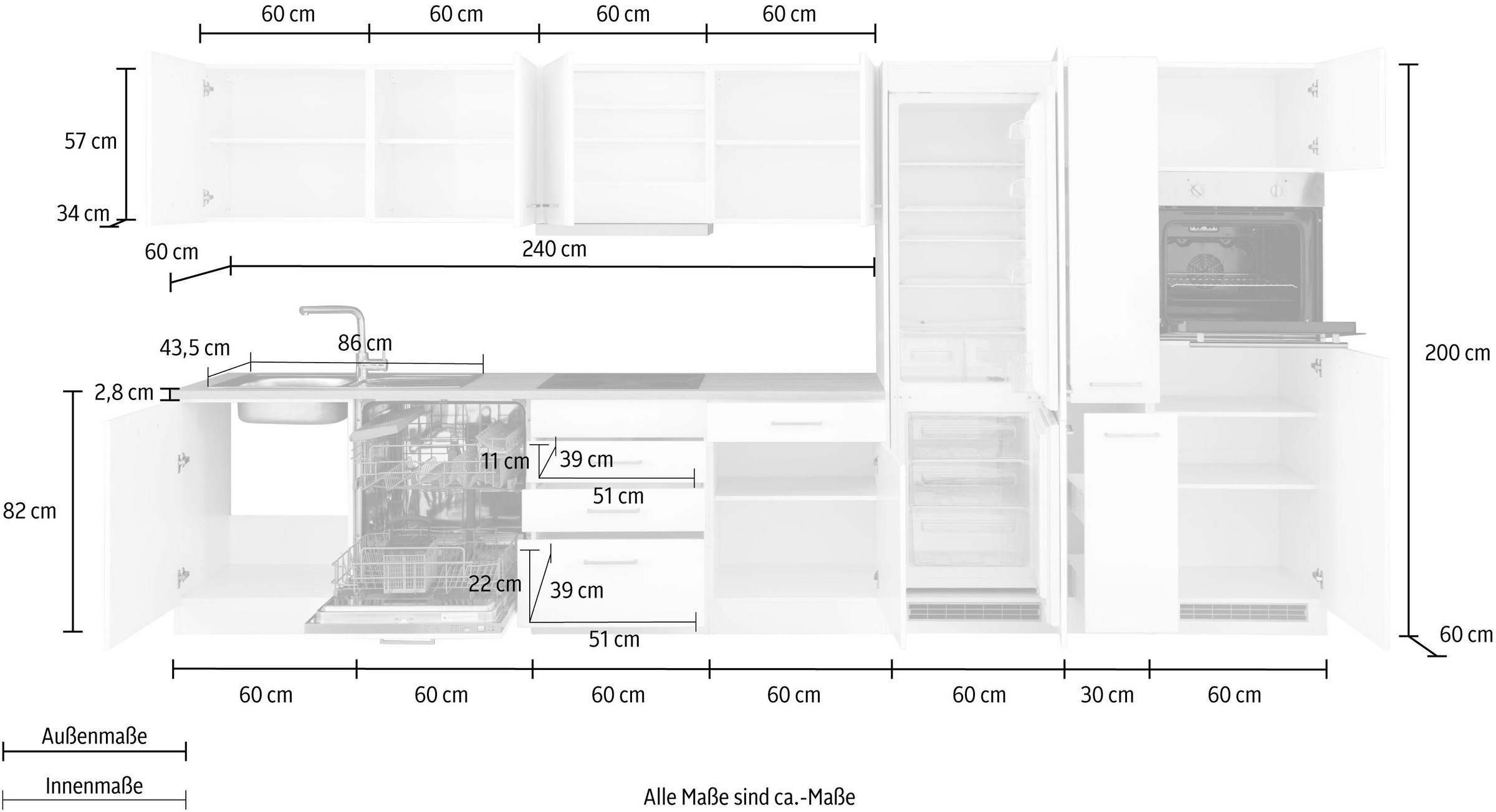 KOCHSTATION Küchenzeile »KS-Visby«, mit E-Geräte, 390 cm, inkl. Kühl/Gefrierkombination und Geschirrspüler