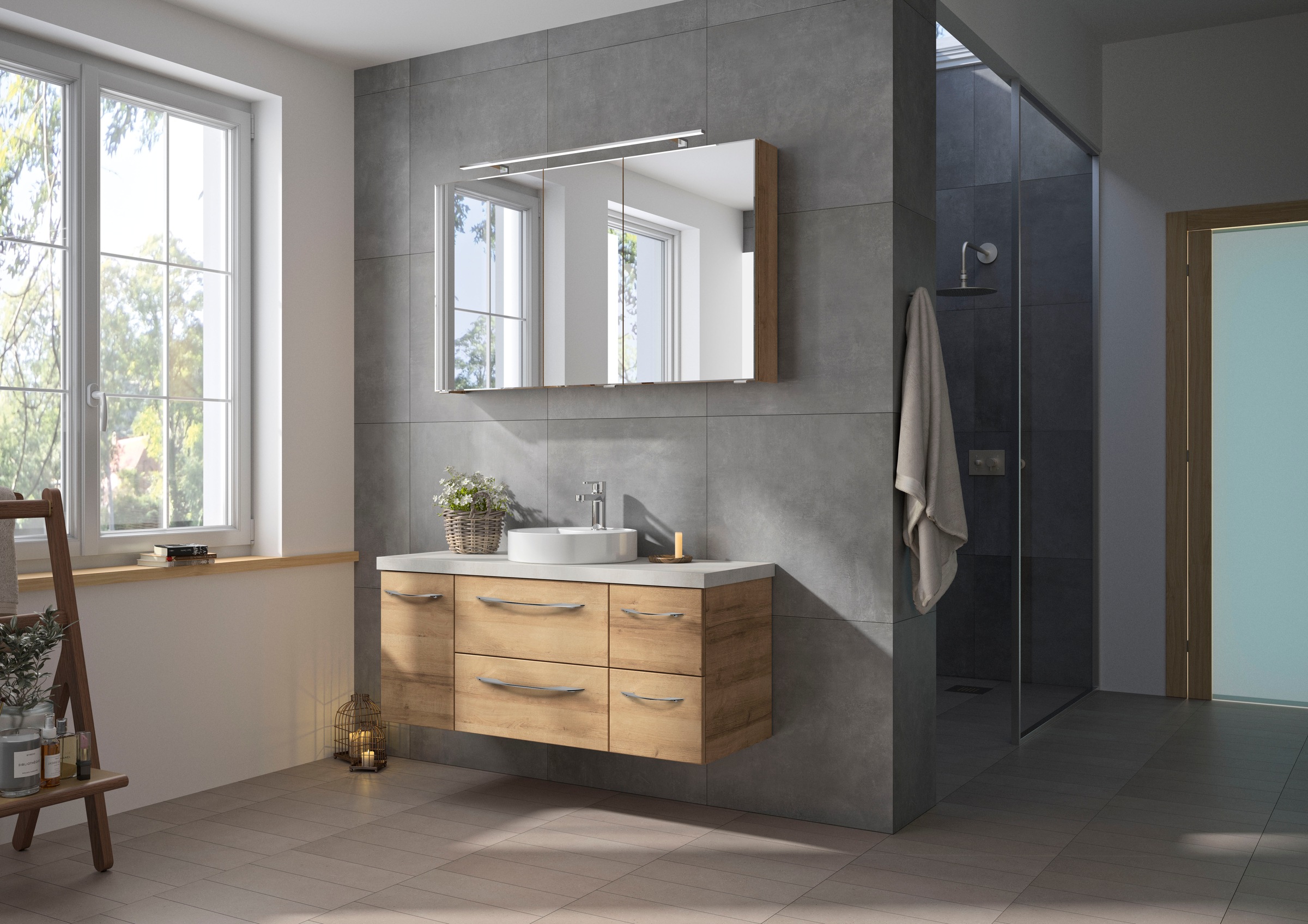 Saphir Badmöbel-Set »Serie 4035 2-teilig, Keramik-Aufsatzbecken mit LED-Spiegelschrank«, (Set), Waschplatz inkl. Türdämpfer, 120 cm breit, 4 Schubladen, 4 Türen