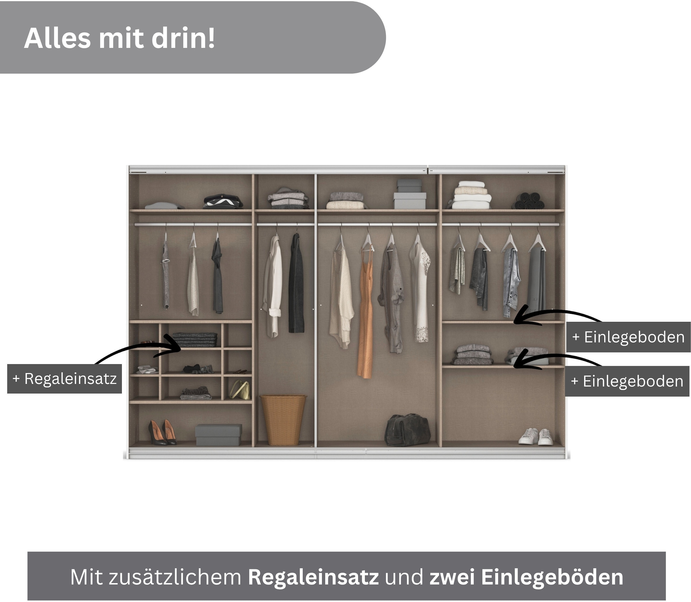 rauch Schwebetürenschrank »Kleiderschrank Schrank Garderobe Wäscheschrank TOMA mit Passepartout«, inkl. Regaleinsatz sowie zusätzlichen Einlegeböden MADE IN GERMANY