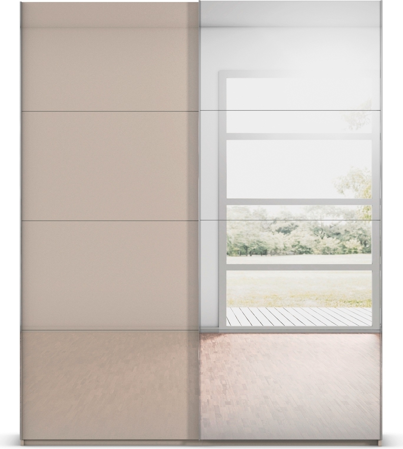 rauch Schwebetürenschrank »Kleiderschrank Schrank Garderobe Schlafzimmerschrank SCALE-FYRA«, edle viergeteilte Türen Spiegel/Glas-Mix viele Farben MADE IN GERMANY
