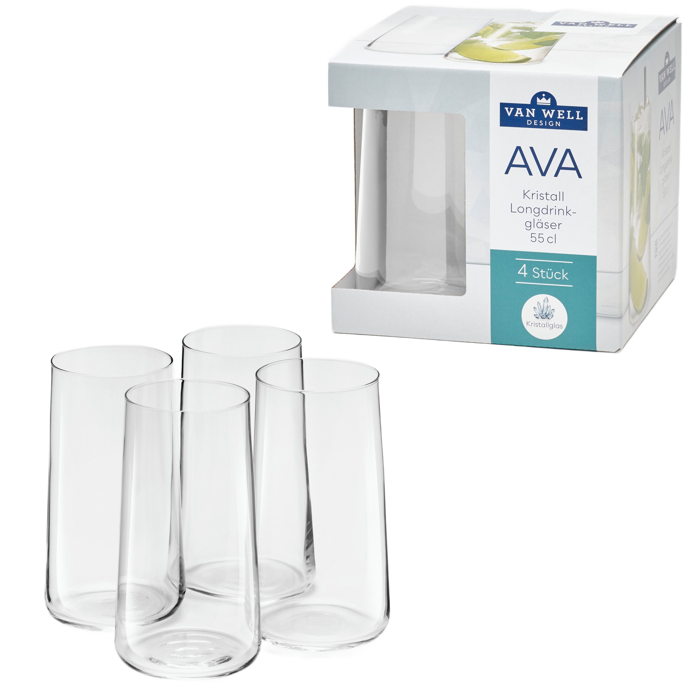 van Well Longdrinkglas »Ava, Longdrinkgläser 55,0 cl, 4 Stück«, (Set, 4 tlg.), Geschenkkarton mit Sichtfenster, spülmaschinengeeignet