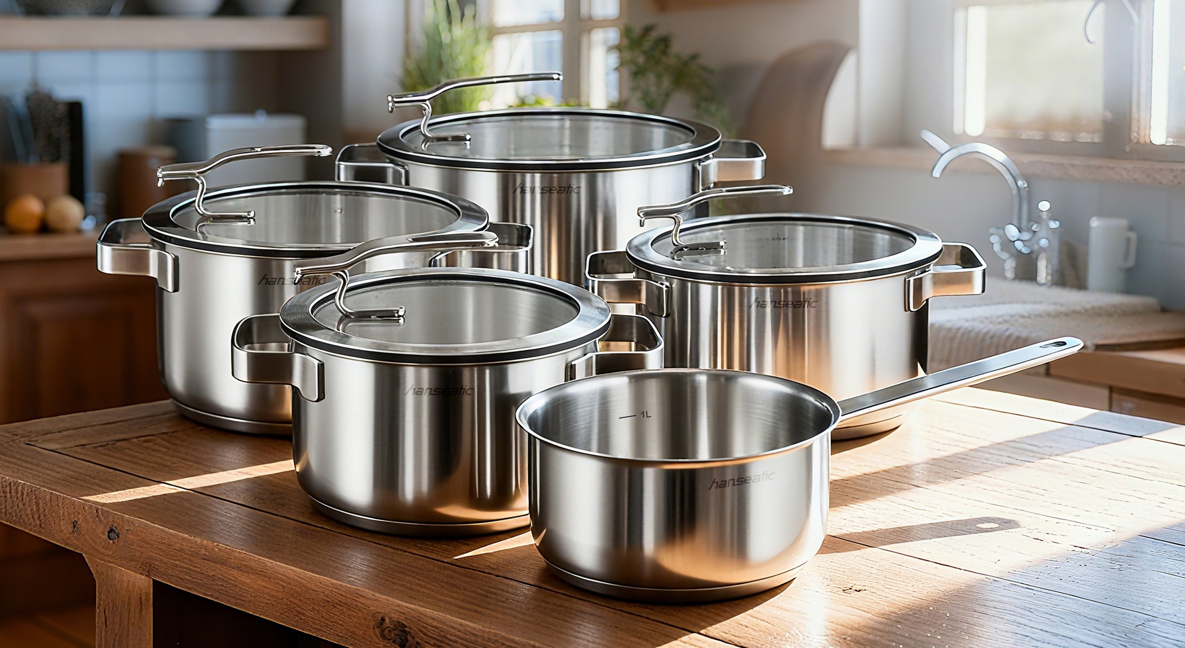 Hanseatic Topf-Set »STYLE«, Edelstahl 18/10, (Set, 9 tlg., Fleischtopf 1x 16 cm / 2x 20 cm / 1x 24 cm, Stielkasserolle 16 cm), Deckel mit praktischer Aufhänge-Funktion, Induktion