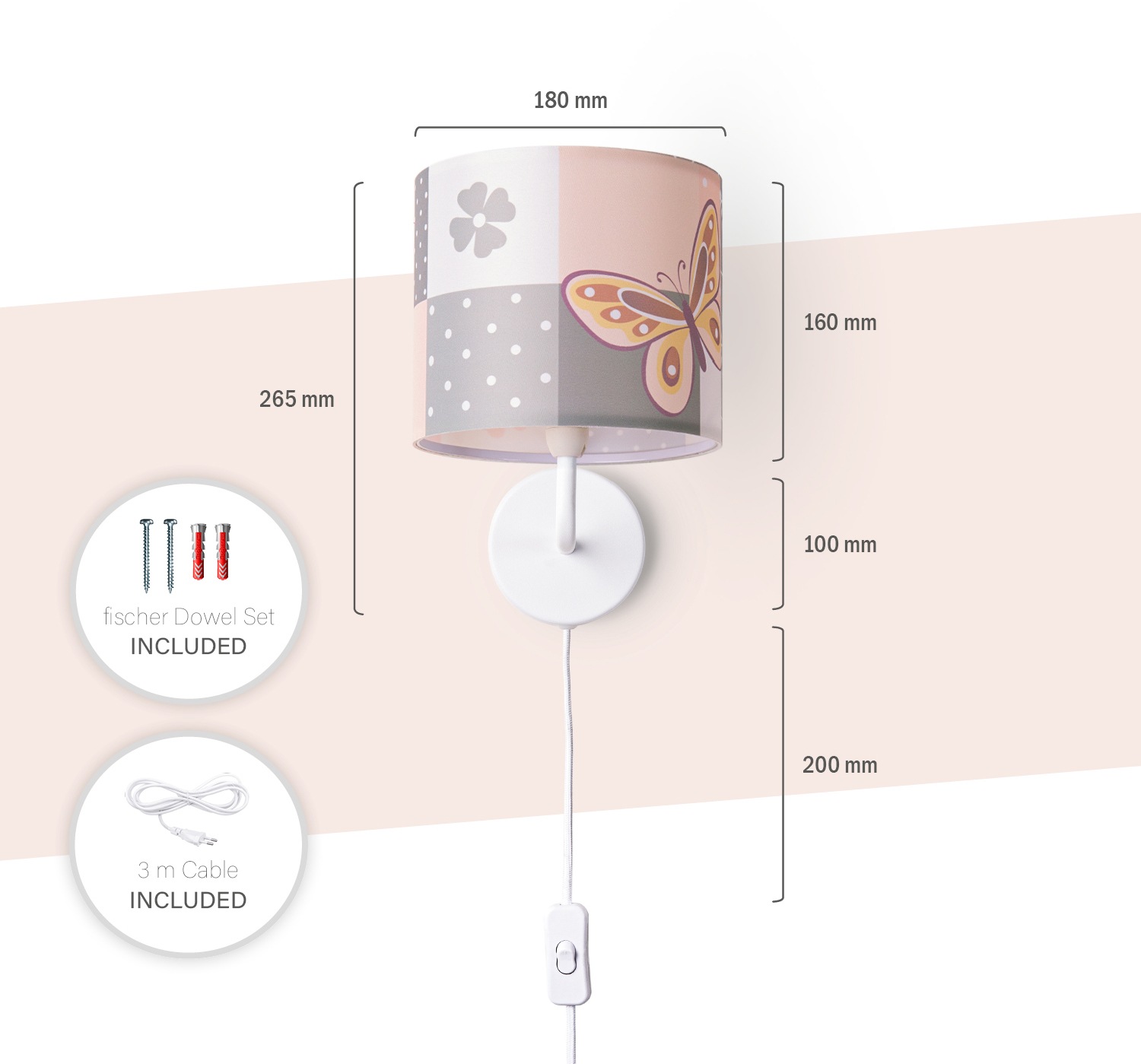 Paco Home Wandleuchte »Cosmo 220«, 1 flammig, Leuchtmittel E14 | ohne Leuchtmittel, Lampe Kinderzimmer Stecker âˆ…18cm Schmetterling Kabel 3m E14