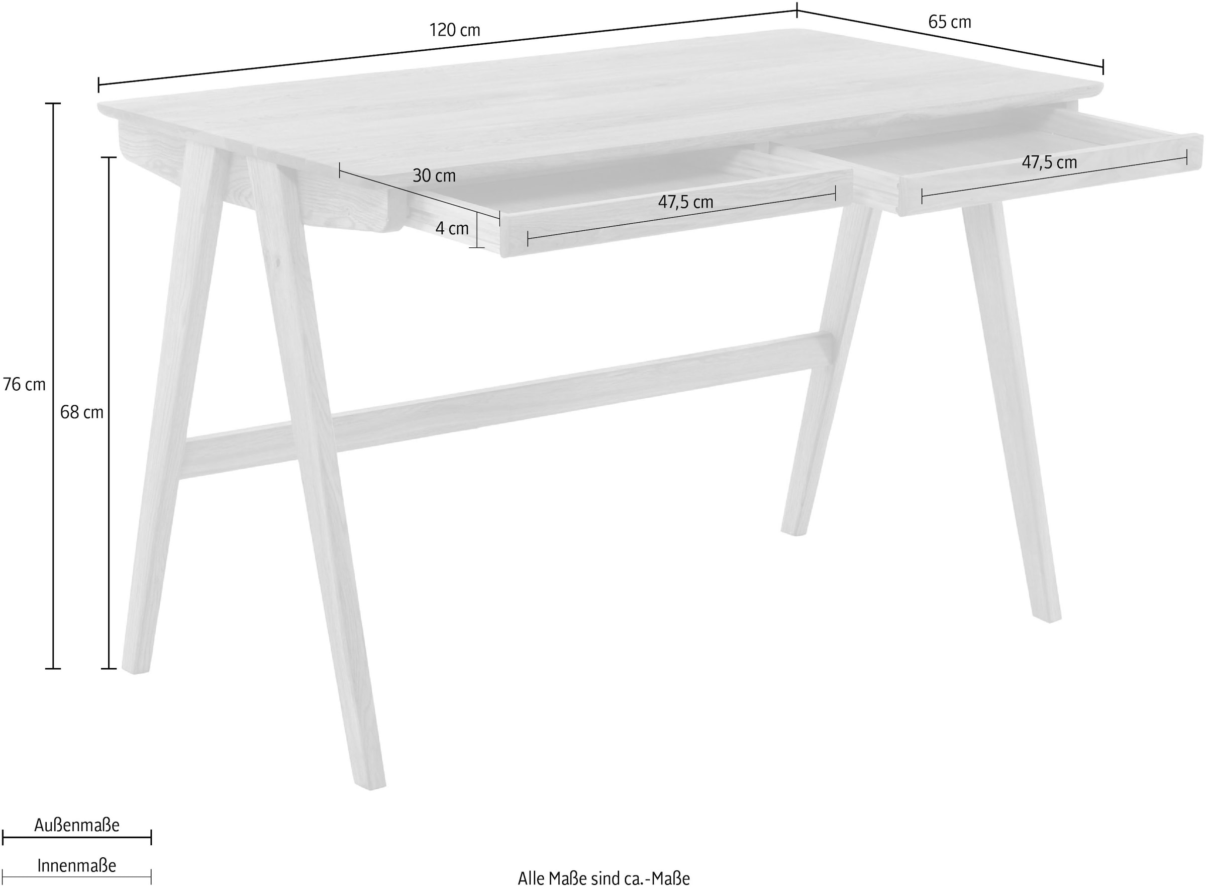 MCA furniture Schreibtisch »Delia«, Asteiche Massivholz geölt mit Schubladen, Breite 120 cm