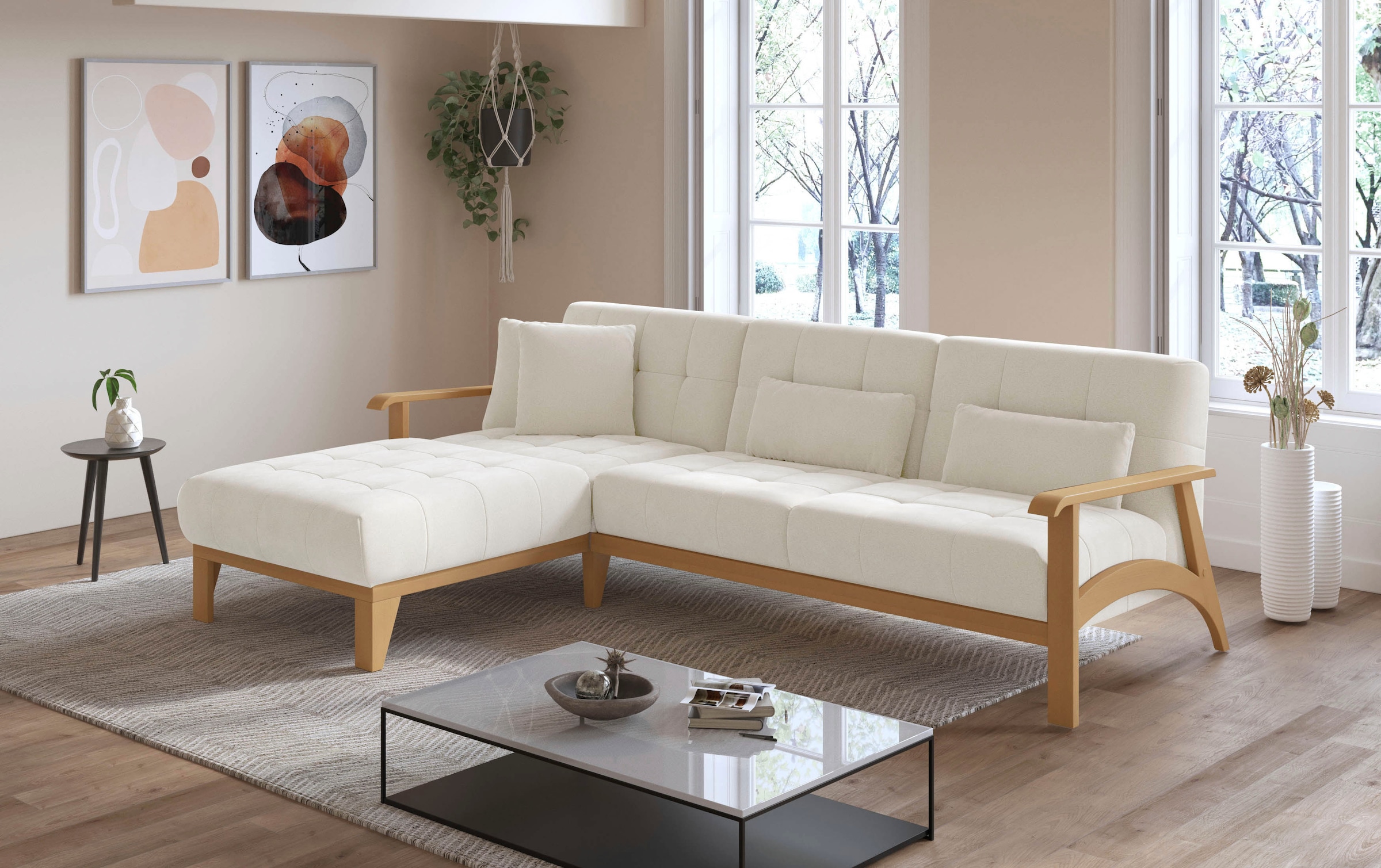 sit&more Ecksofa »Billund L-Form«, Armlehnen aus eichefarbigem Buchenholz, verschiedene Bezüge und Farben
