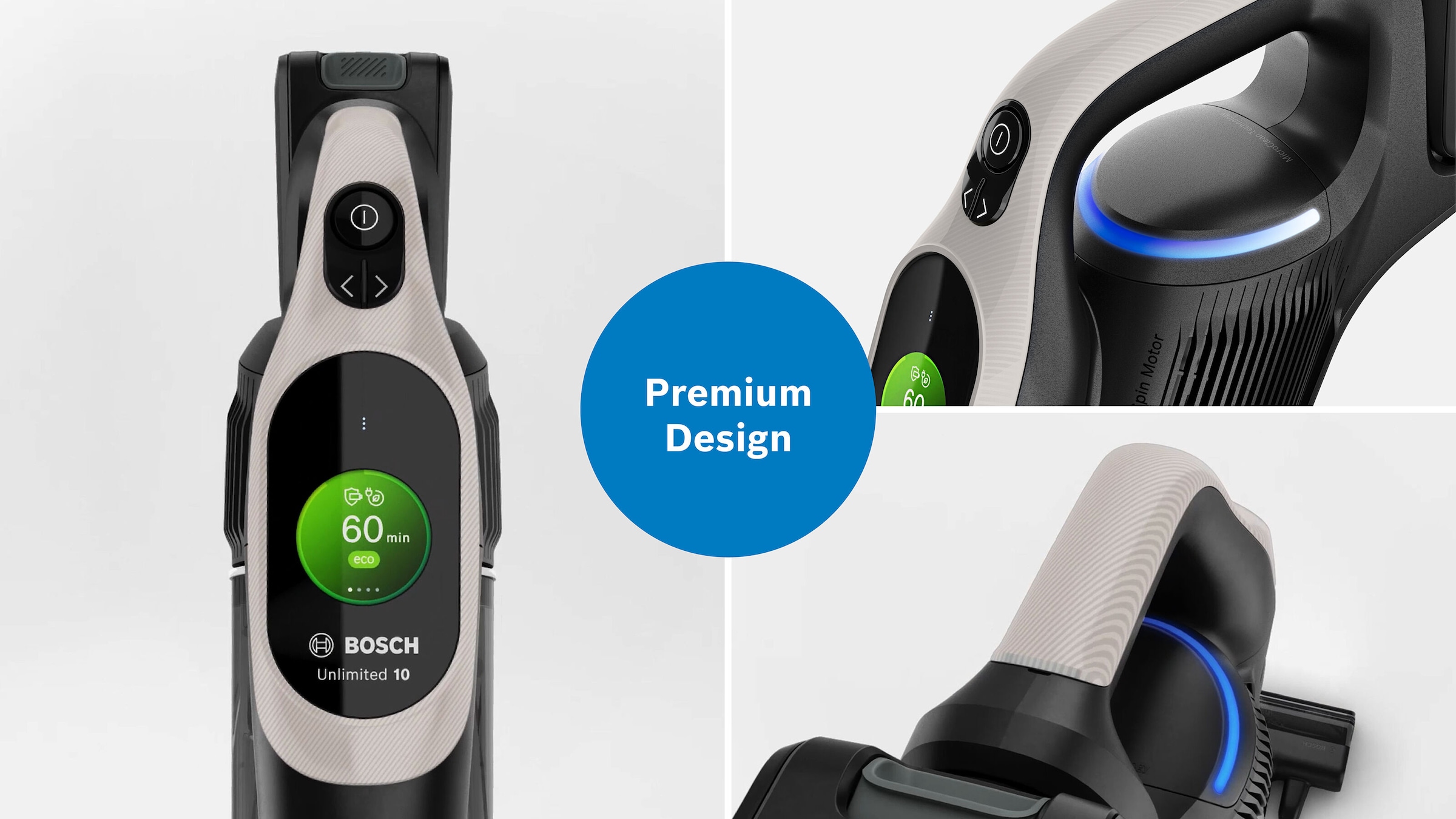 BOSCH Akku-Stielstaubsauger »Unlimited 10 BKS1051GQC, MicroClean™ Technology, Display, Knickrohr«, HEPA-Filtersystem, 10 Jahre Motorgarantie, Schnellladegerät, grau