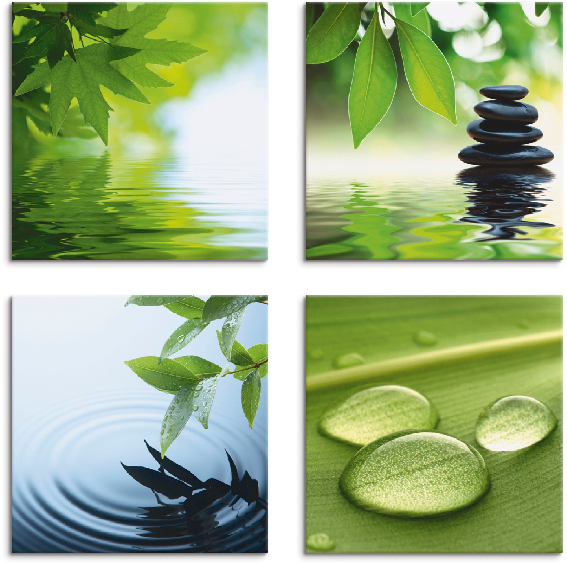 Artland Leinwandbild »Blätter Wasser Zen Steinpyramide Tropfen« Zen 4 Stk. günstig online kaufen