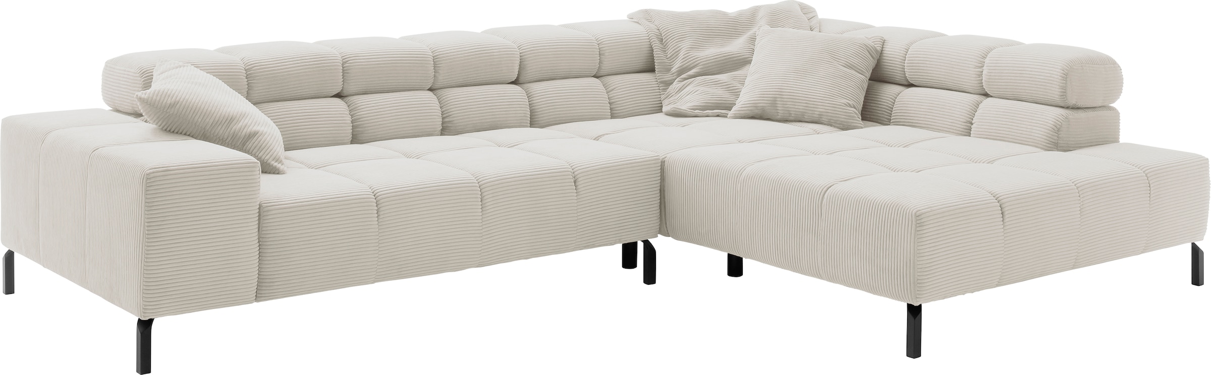INOSIGN Ecksofa »Ancona New, wahlweise motorische Sitztiefenverstellung, auch in Cord«, feine Steppung, mit Kopfteilverstellung, 3 Zierkissen, L-Form