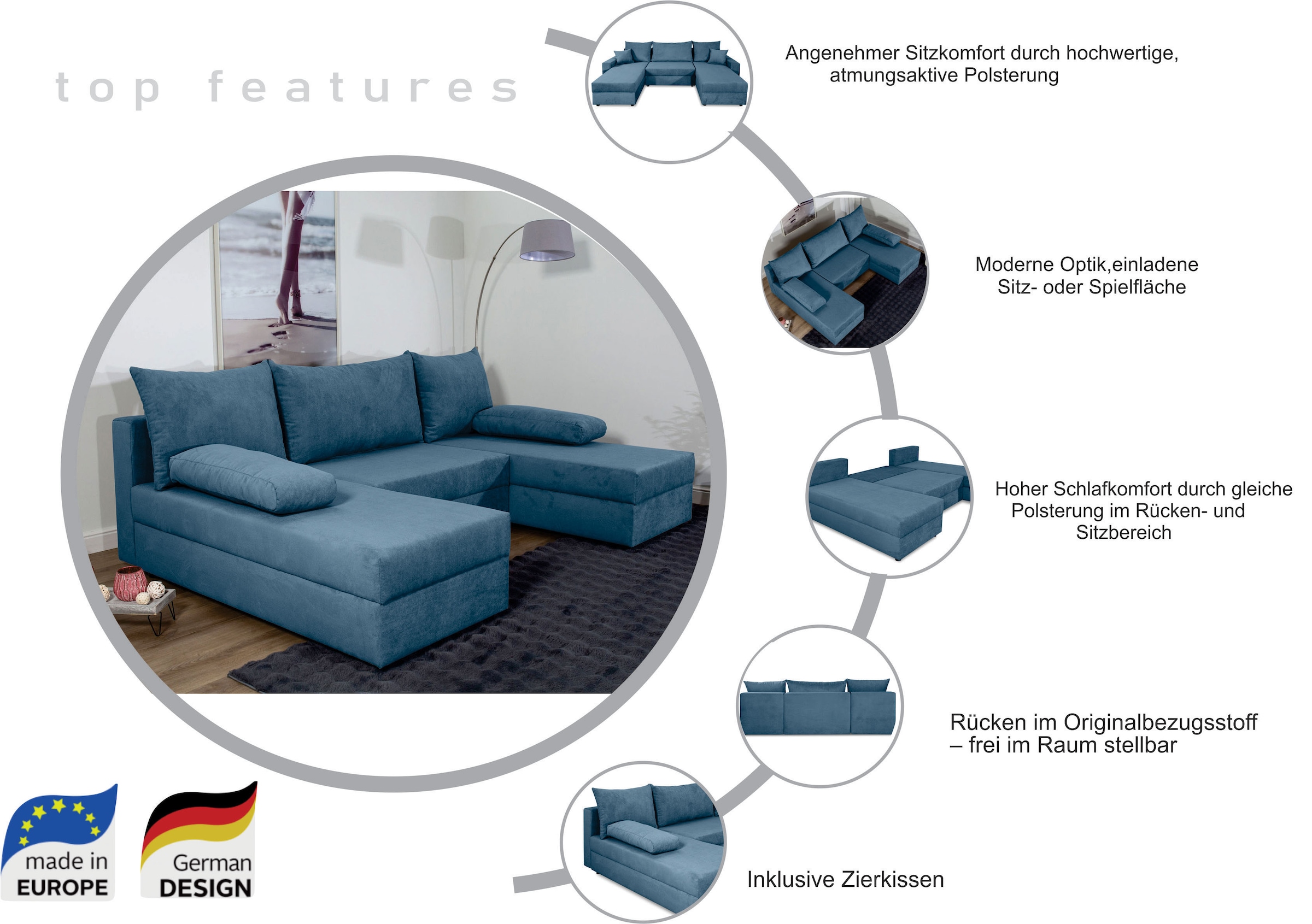 COLLECTION AB Wohnlandschaft »Pico U-Form«, Breite 220, ohne Armlehne mit Schlaffunktion, Bettkasten