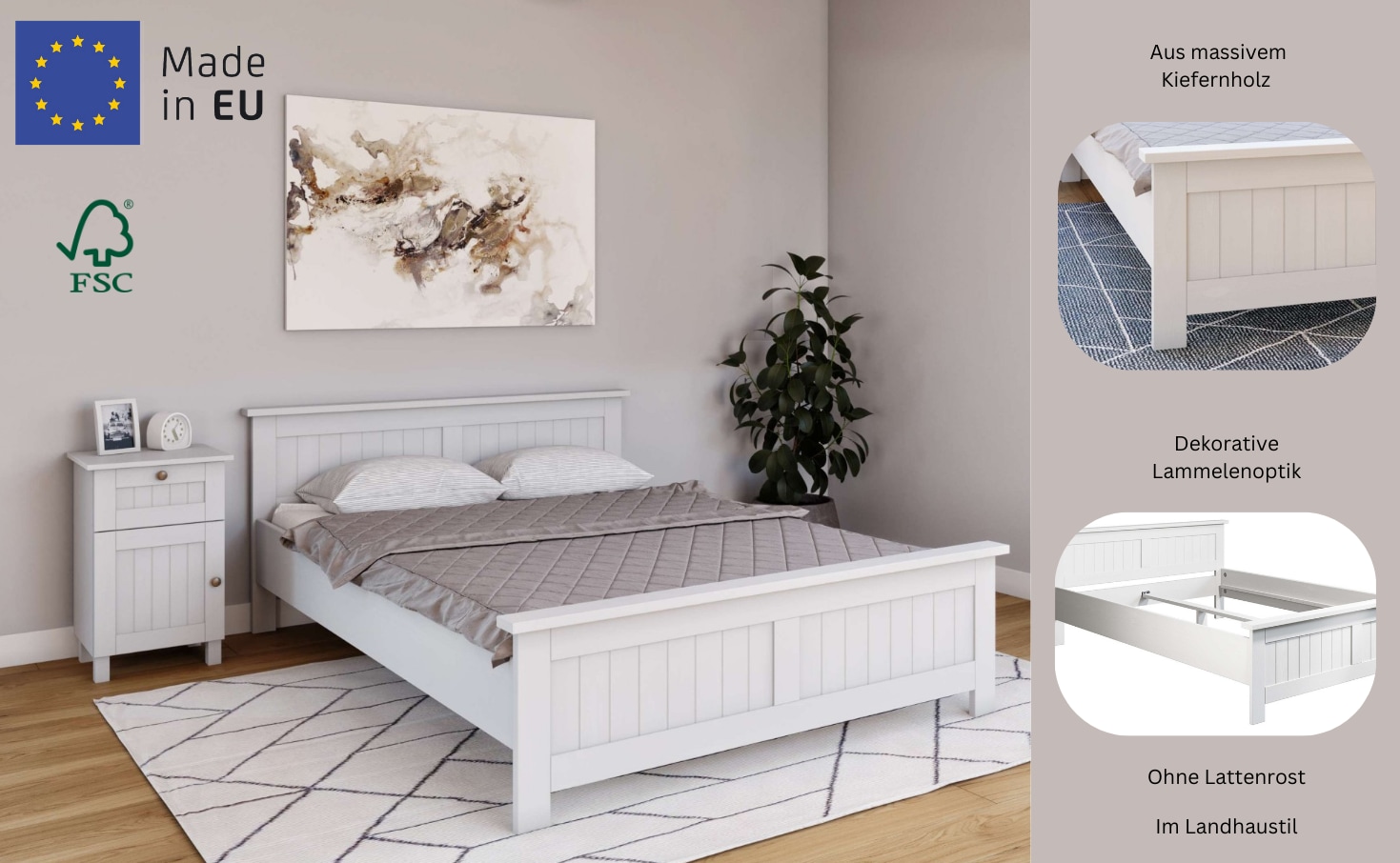 Home affaire Massivholzbett »Juventus, Bett, Massivholzbett, Holzbett, Bettrahmen«, (Breite/Belastbarkeit 140cm/180 KG), Breite 90 cm, aus massiver Kiefer, FSC®-zertifiziert