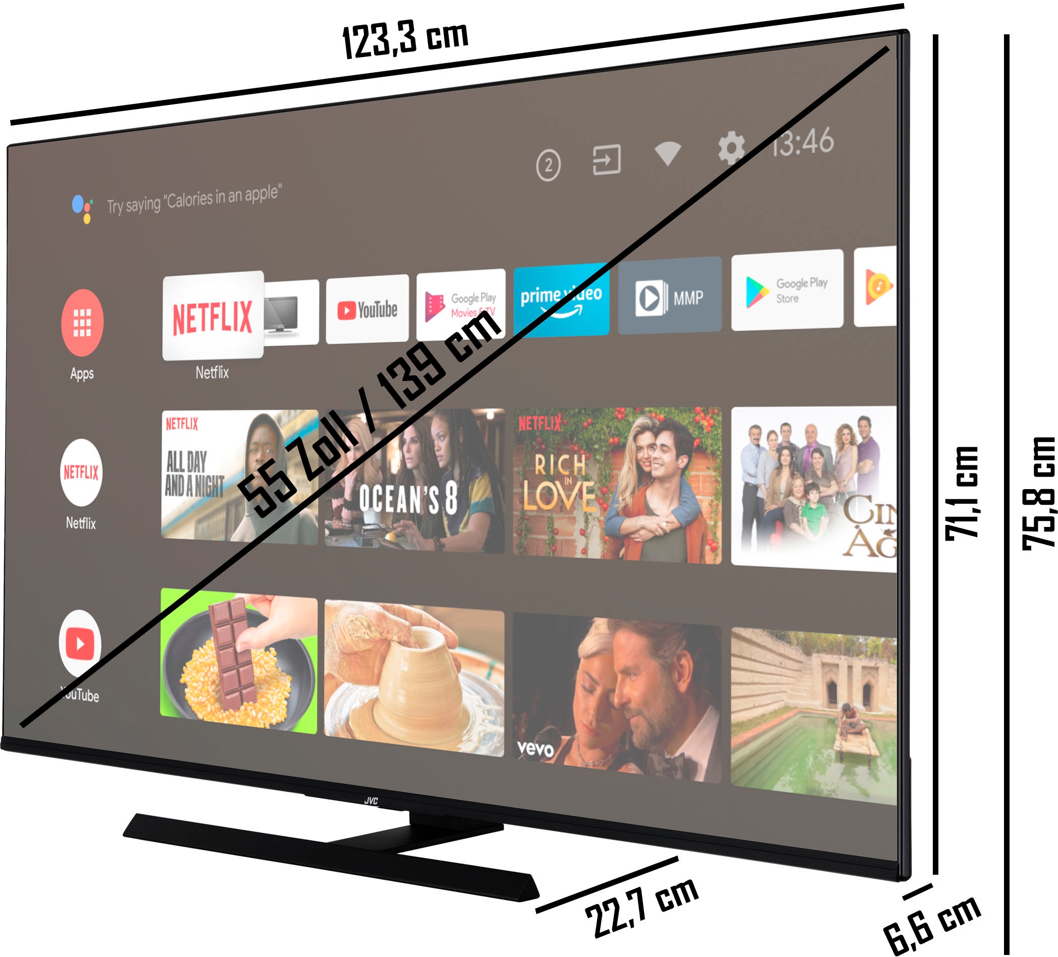 HD, Dolby QLED-Fernseher Raten kaufen 139 TV, Triple-Tuner,Google auf Android 4K Vision, Store,Bluetooth HDR cm/55 Play JVC »LT-55VAQ6155«, Ultra Zoll,