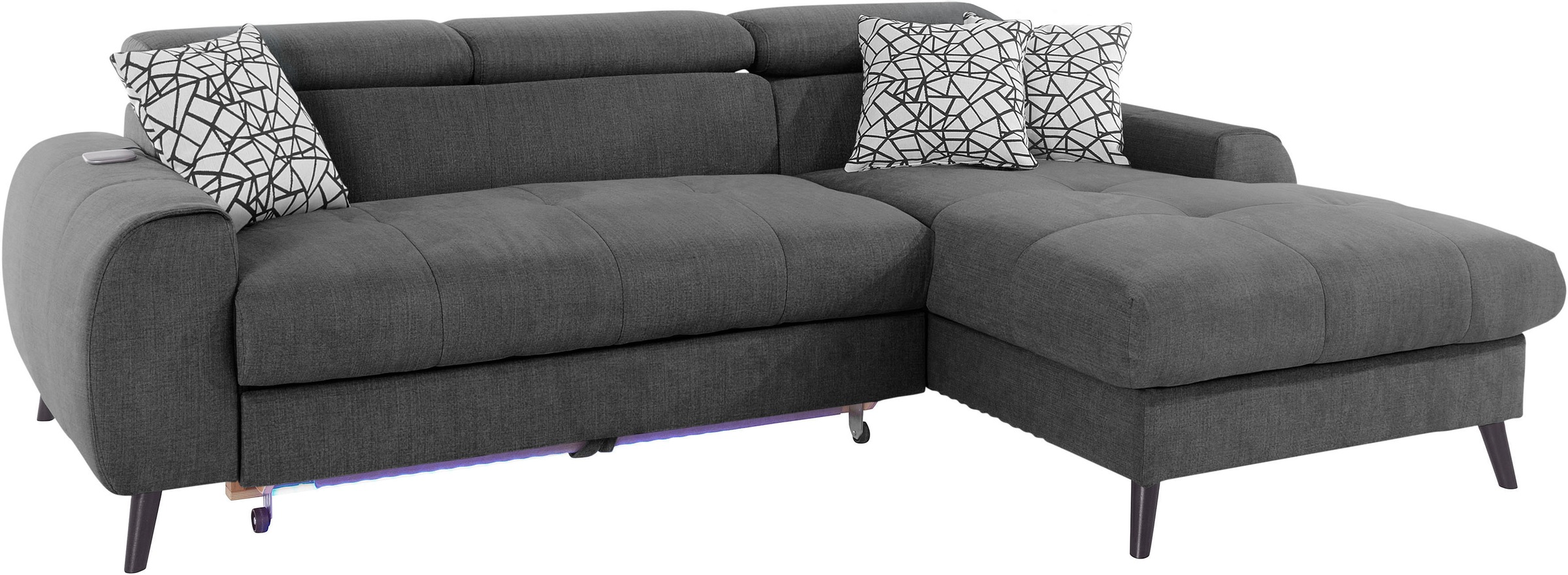 COTTA Ecksofa »Mia L-Form mit 3 Zierkissen«, wahlweise mit Bettfunktion, Bettkasten, Beleuchtung & Wireless-Charger