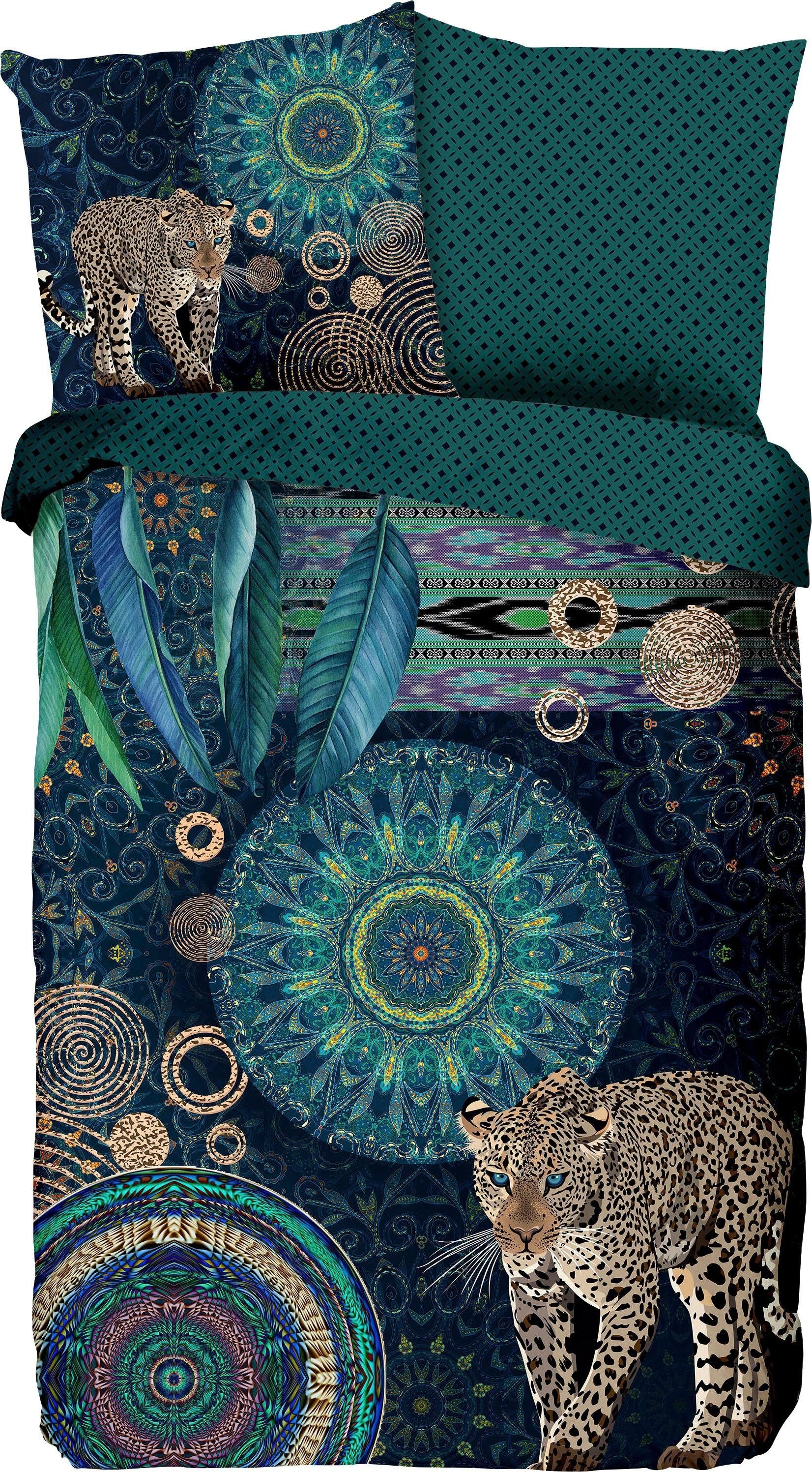 hip Wendebettwäsche »Imena«, Mako-Satin, 155x220, Reißverschluss, Wende, Mandala, Leopard, Petrol