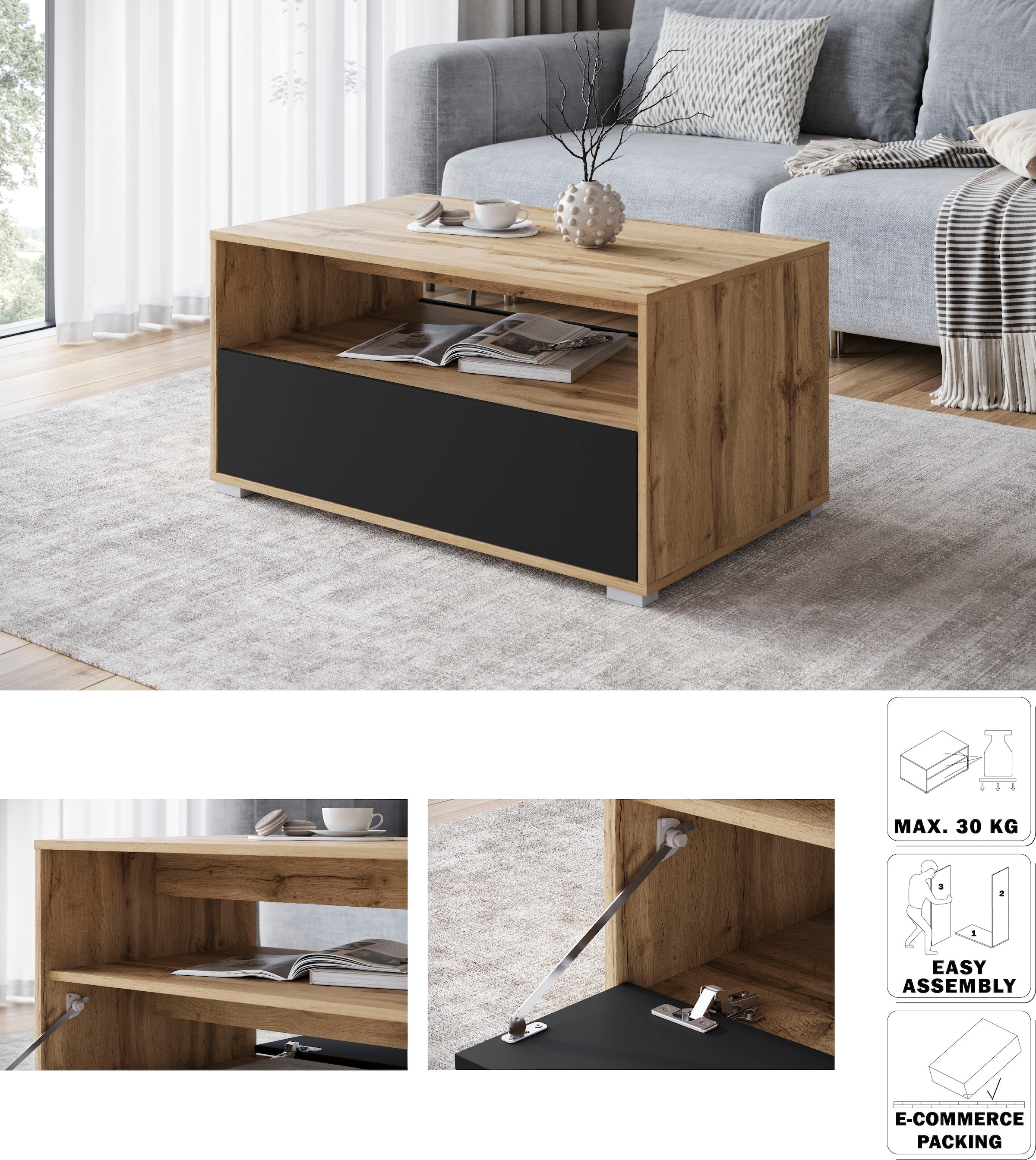 INOSIGN Couchtisch »Kenia«, (1 St.), Rechteckiger Kaffeetisch, 90x55 cm, mit offenem und geschlossenem Fach