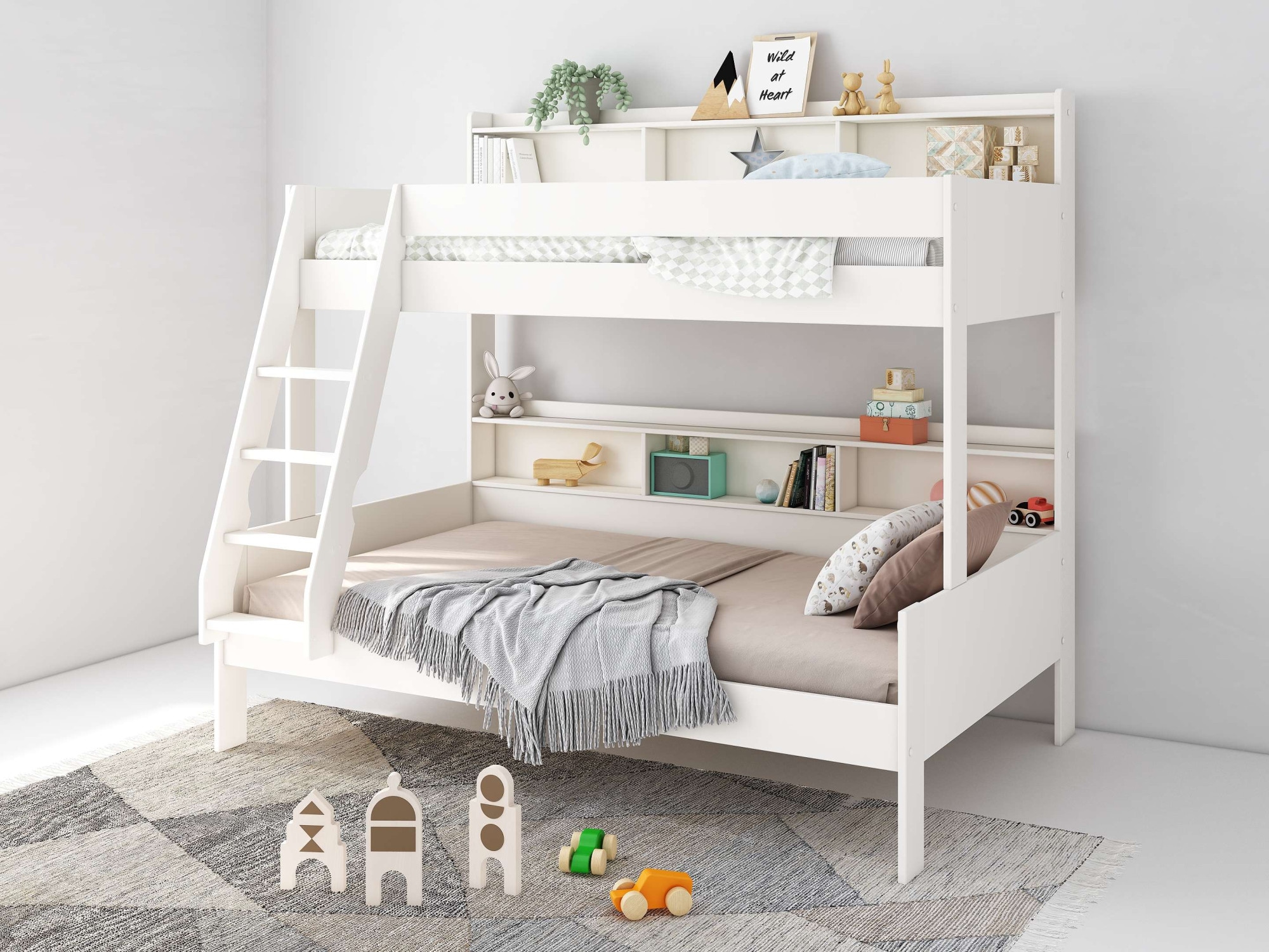 Lüttenhütt Etagenbett »Jaime II, Stockbett, viel Stauraum, mit Regalen, Massivholz mit MDF«, (Oberes Bett 90x200cm, unteres Bett 120x200cm), breite Liegefläche unten, FSC®, Made EU, 3. Schlafgelegenheit optional