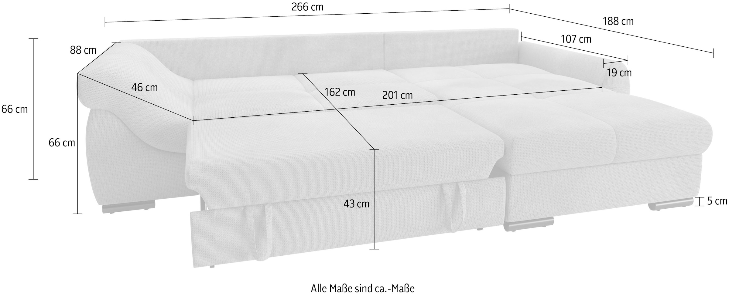 Mr. Couch Ecksofa »Livorno L-Form«, inkl. Hochschläfer-Bettauszug, XL-Bettkasten weiß beschichtet