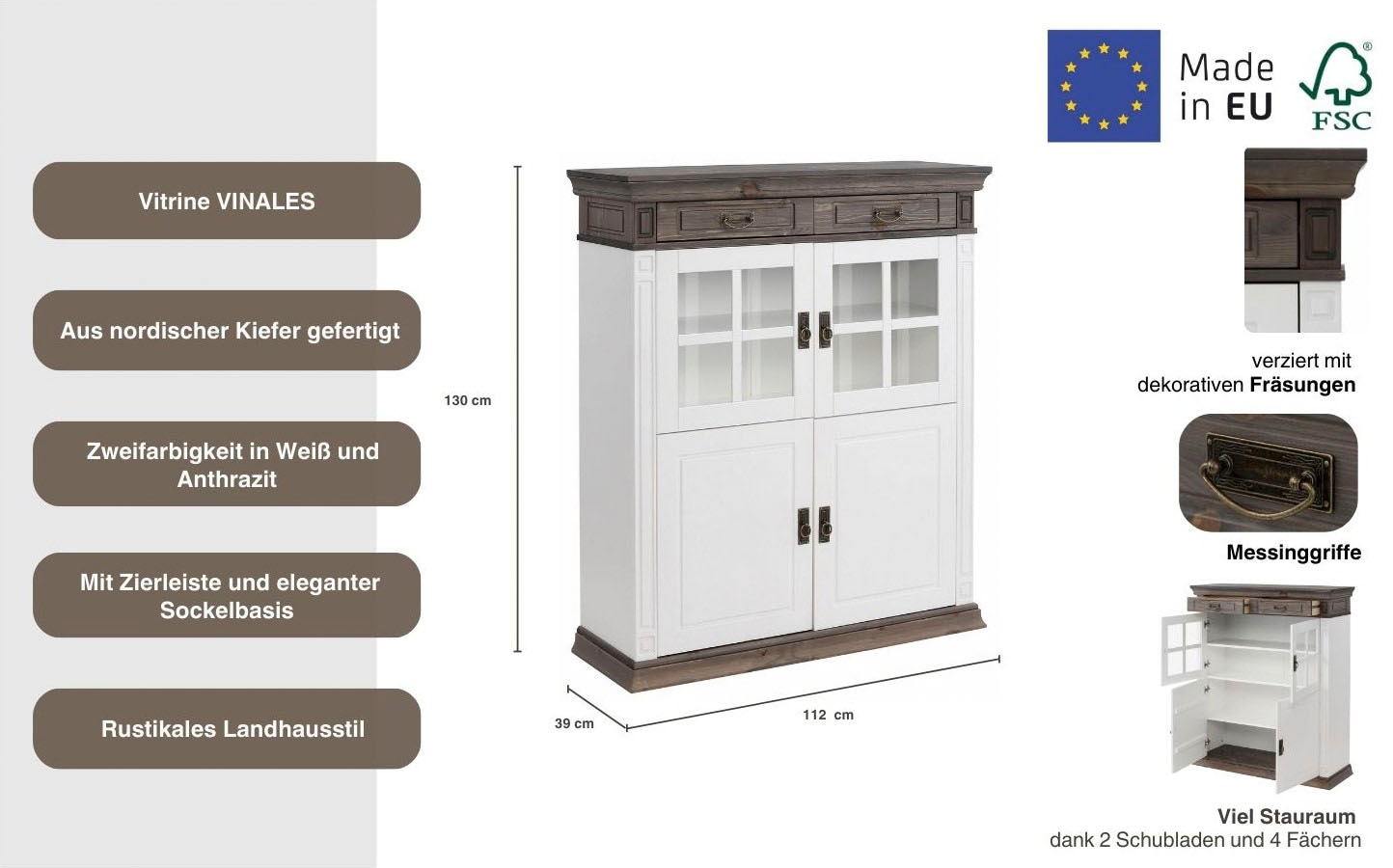 Home affaire Highboard »Vinales«, Vitrine, Breite 112 cm