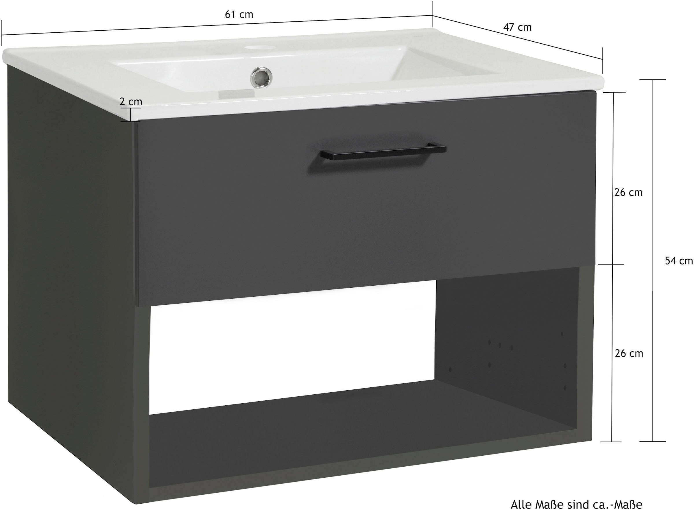 welltime Waschtisch »Trento Light mit Keramik-Auflagebecken«, 1 Auzug und 1 offenes Fach, Breite. 61cm, Anthrazit Matt