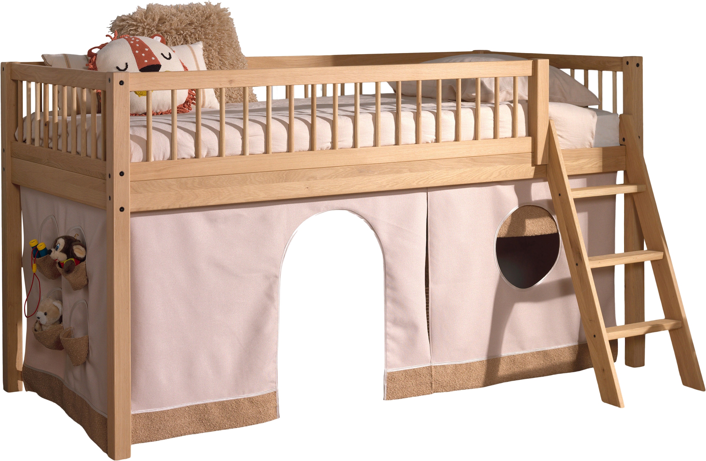 Home affaire Spielbett, (Made in Europe), aus Eiche geölt, LF 90x2000cm, RR, Leiter, Vorhang u. Absturzschutz