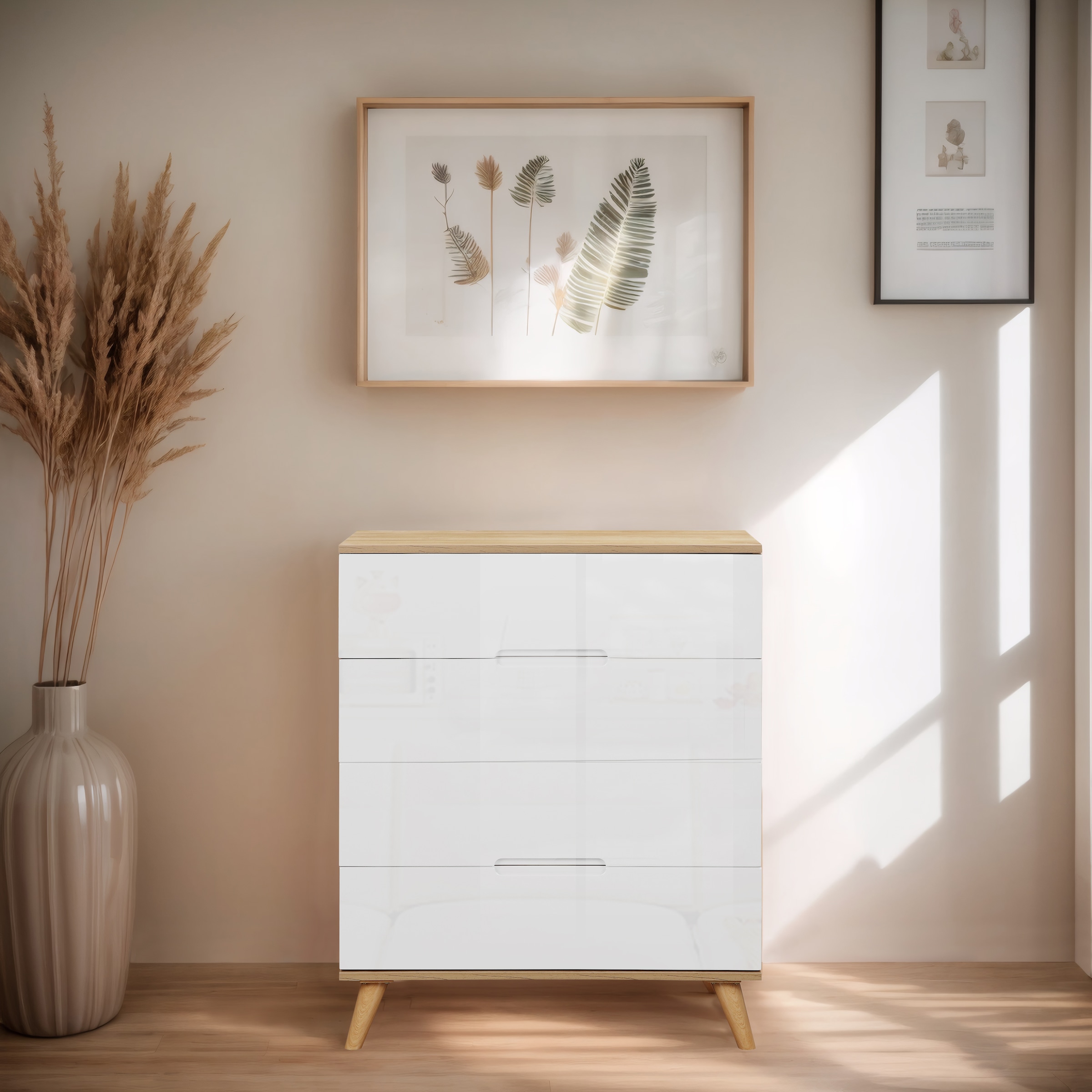 andas Schubkastenkommode »Lund Schlafzimmerschrank Wäscheschrank mit hochglänzenden Fronten«, (Kommode mit 4 Schubladen für viel Stauraum), Schlafzimmerkommode Bestseller im skandinavischem Design