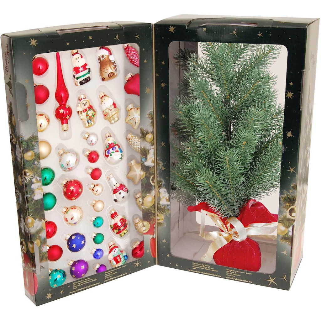 Krebs Glas Lauscha Künstlicher Weihnachtsbaum »Mini Weihnachtsbaum 45 cm - mit Kugeln, Figuren und Spitze«, Edeltanne