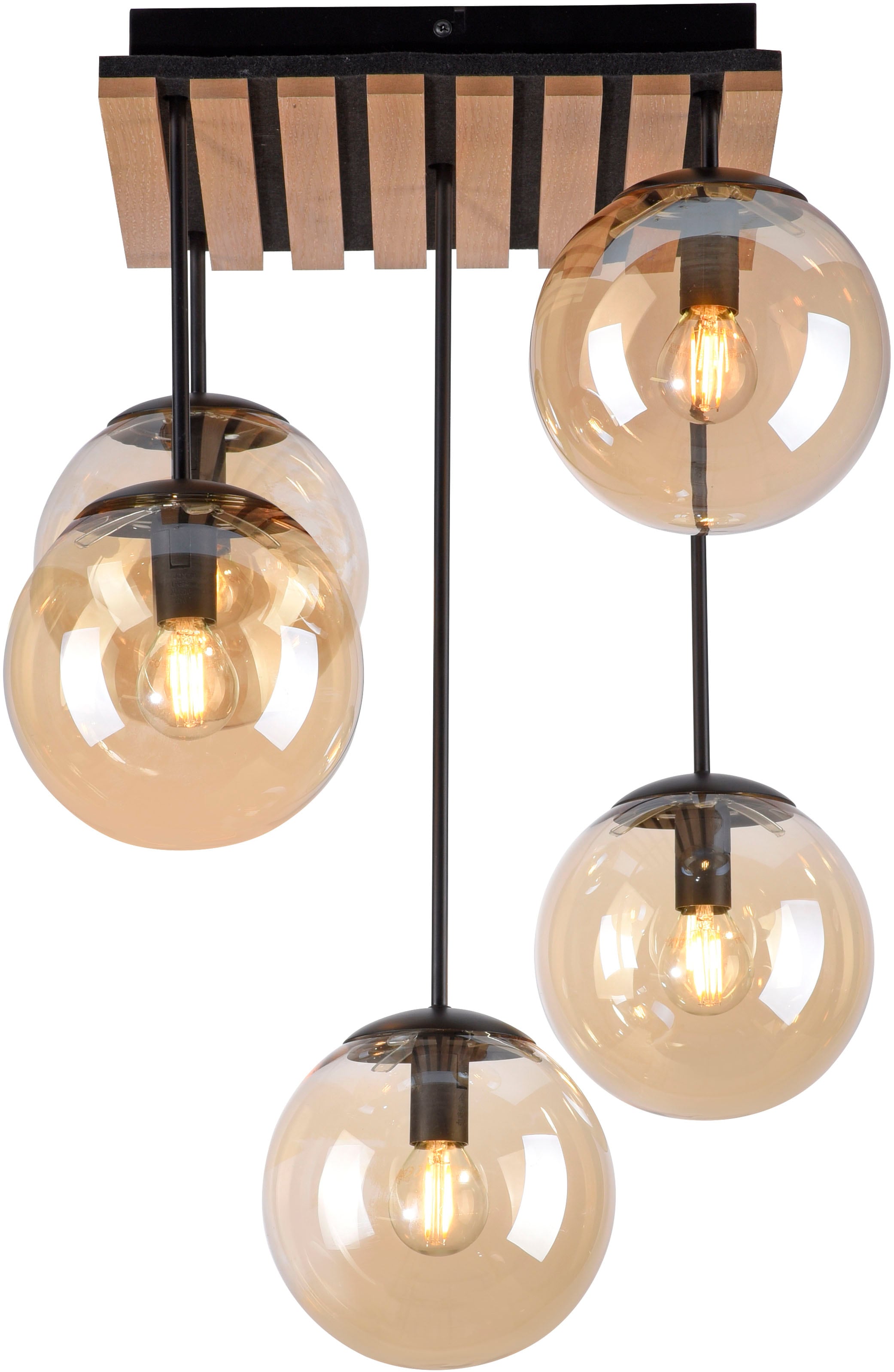 Leonique Deckenleuchte »Erinette Akustikpaneele mit Glaskugeln«, 5 flammig, Leuchtmittel E14 | ohne Leuchtmittel-Leuchtmittel wechselbar, Holz, Akustik, Paneele, Glas, Deckenlampe E14