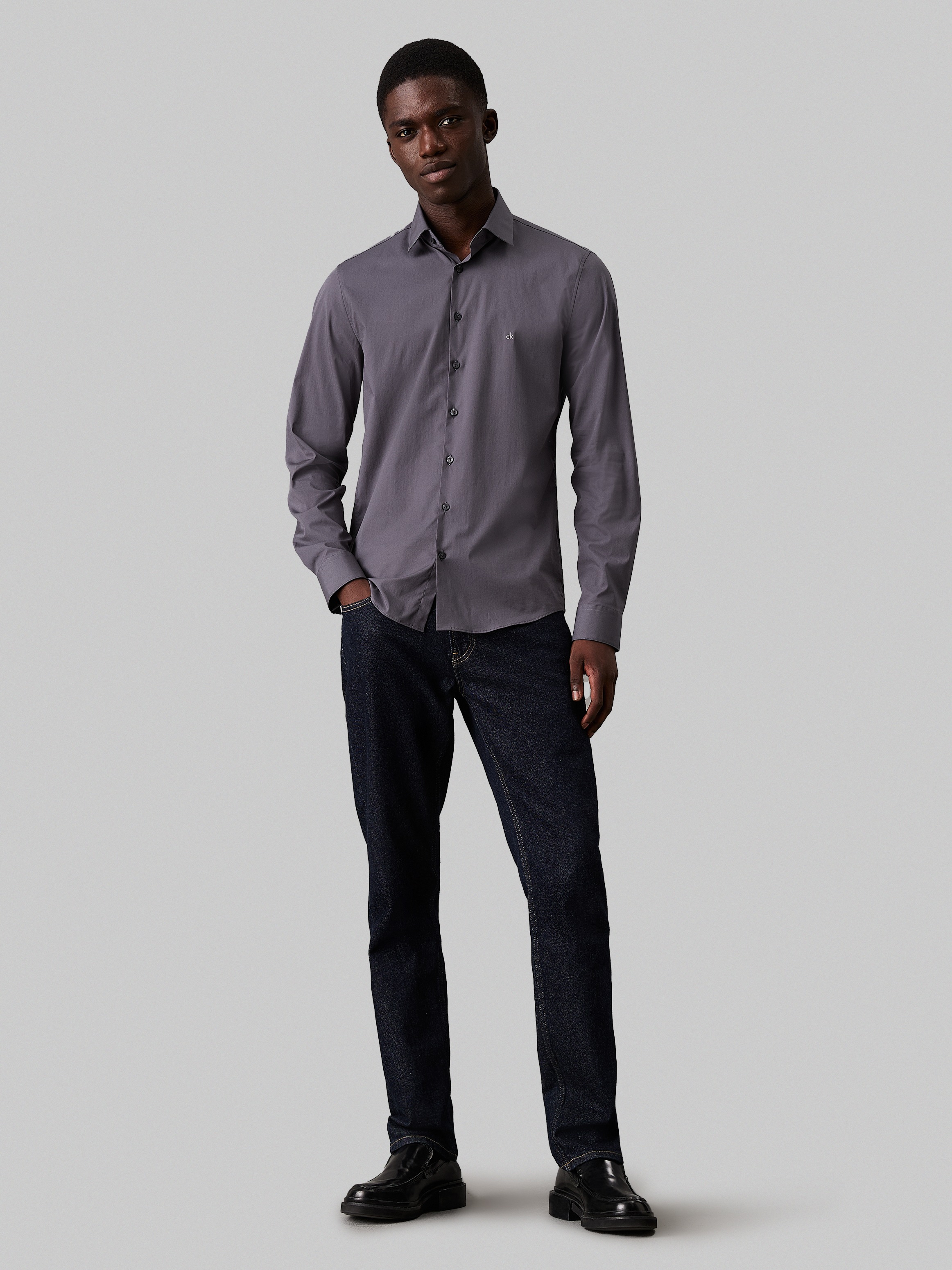 Calvin Klein Businesshemd »POPLIN STRETCH SLIM SHIRT«, mit Kentkragen, Logoprint auf Brusthöhe