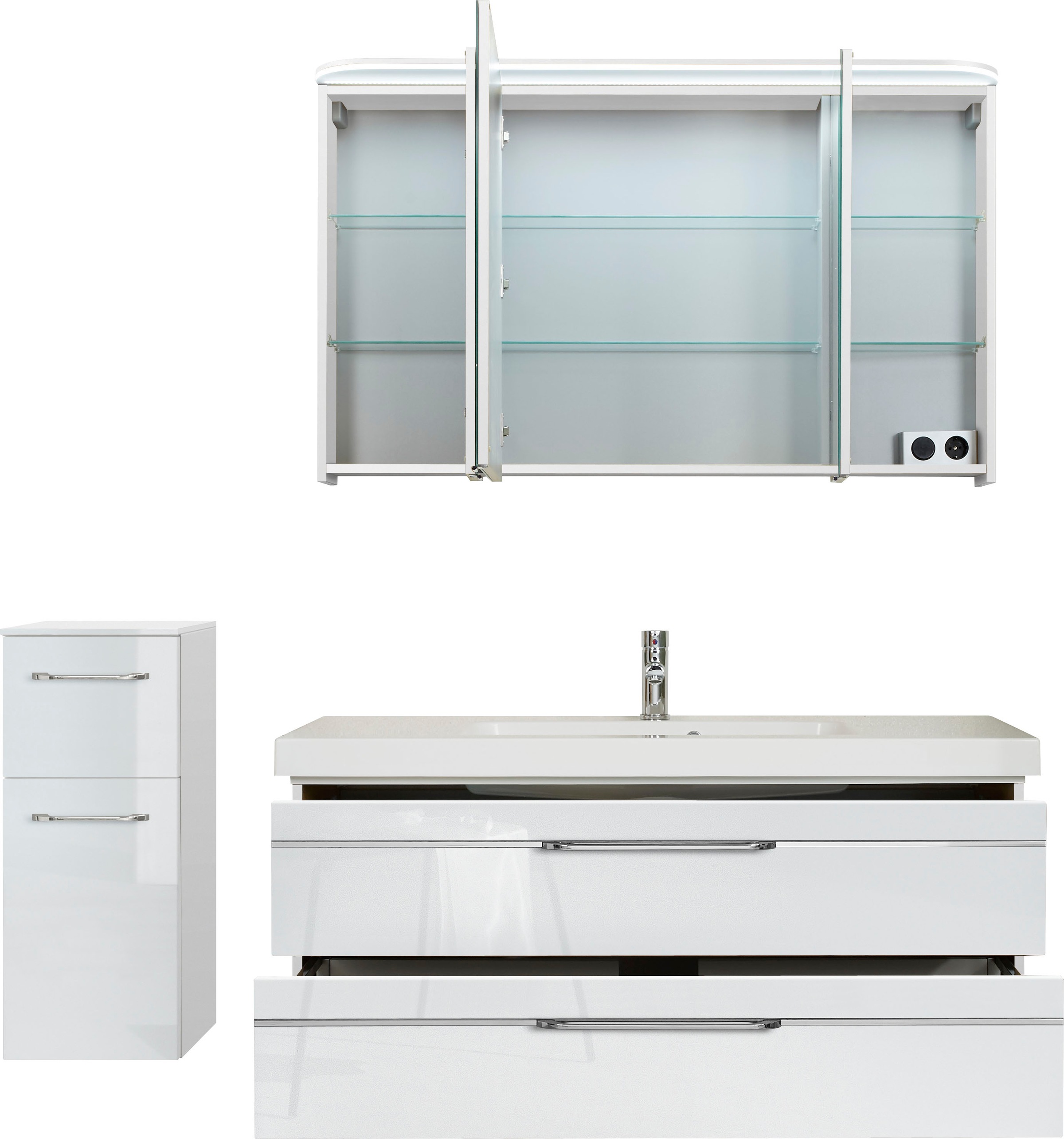 Saphir Badmöbel-Set »Balto Sprint 3-teilig, Mineralmarmor-Waschtisch mit LED-Spiegelschrank«, (4 St.), Badezimmer Set mit Unterschrank inkl Türdämpfer, 3 Türen, 2 Schubladen