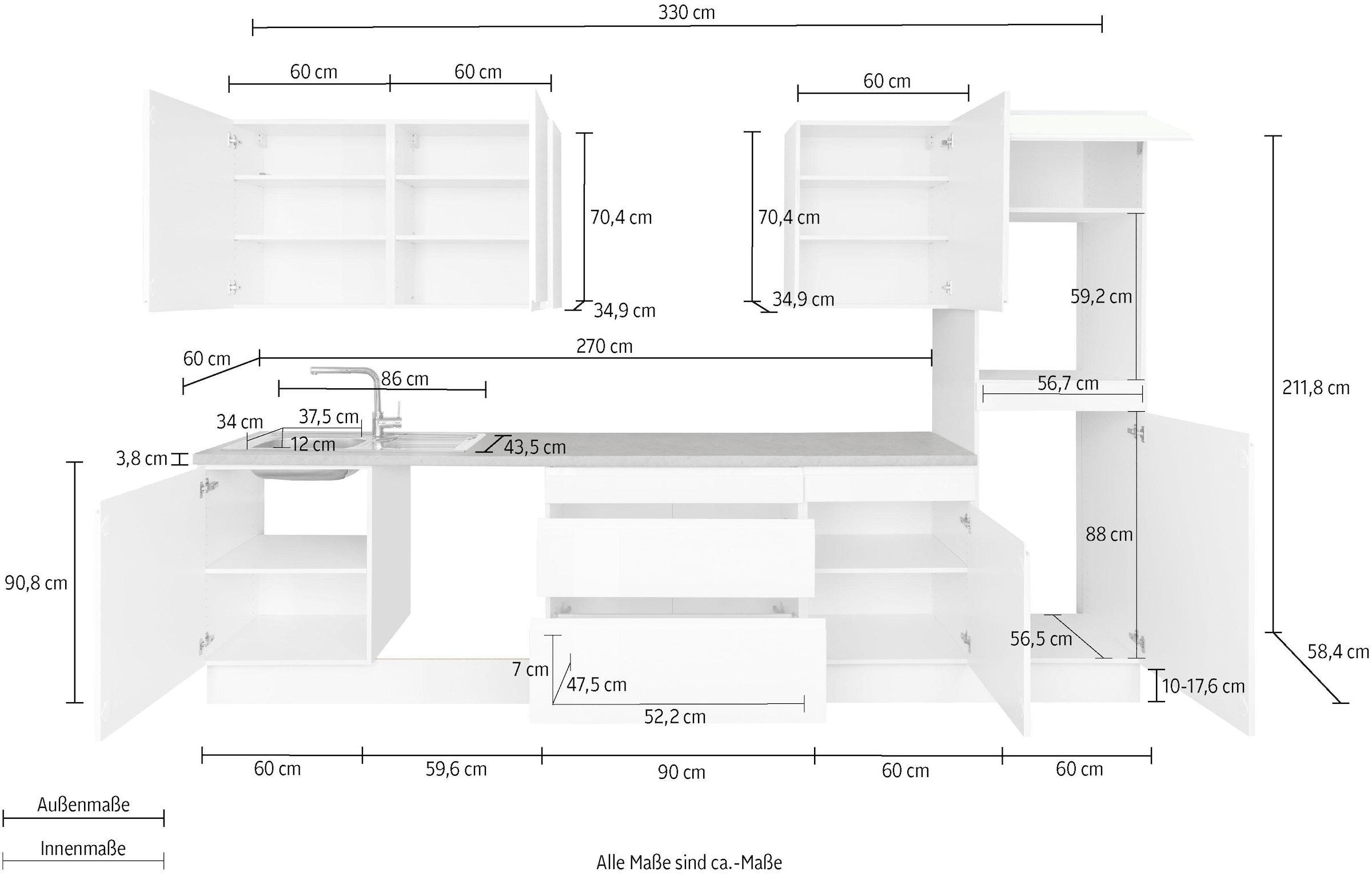 online Hochglanz-Fronten, 330 cm starke und Küchenzeile Arbeitsplatte mm kaufen »Avio«, Breite 38 OPTIFIT