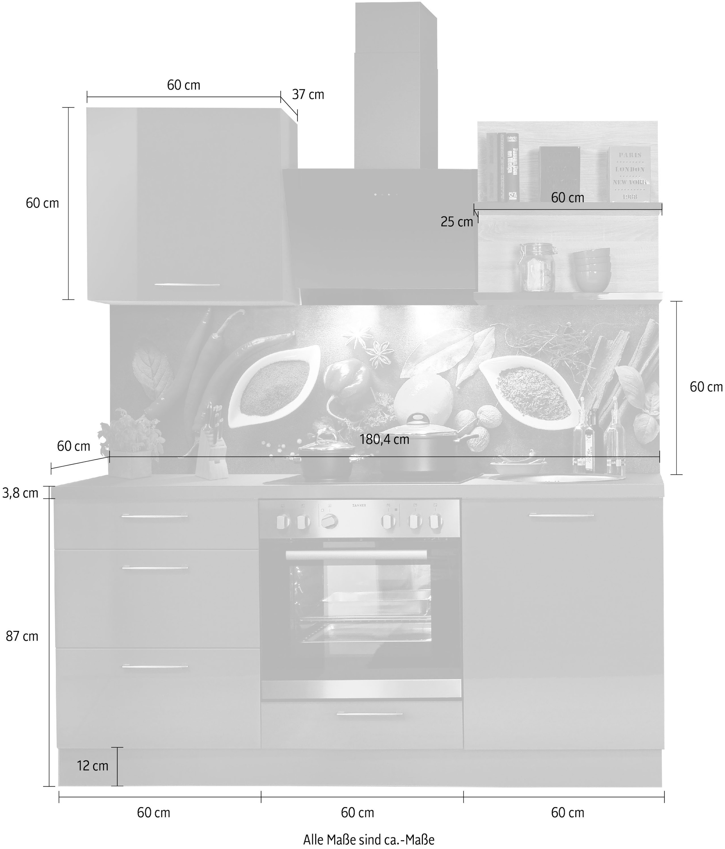 KOCHSTATION Küchenzeile »"KS-Jena", Breite 180 cm, vormontiert«, mit Soft-Close-Funktion, Arbeitshöhe 91 cm, wahlw. mit E-Geräten