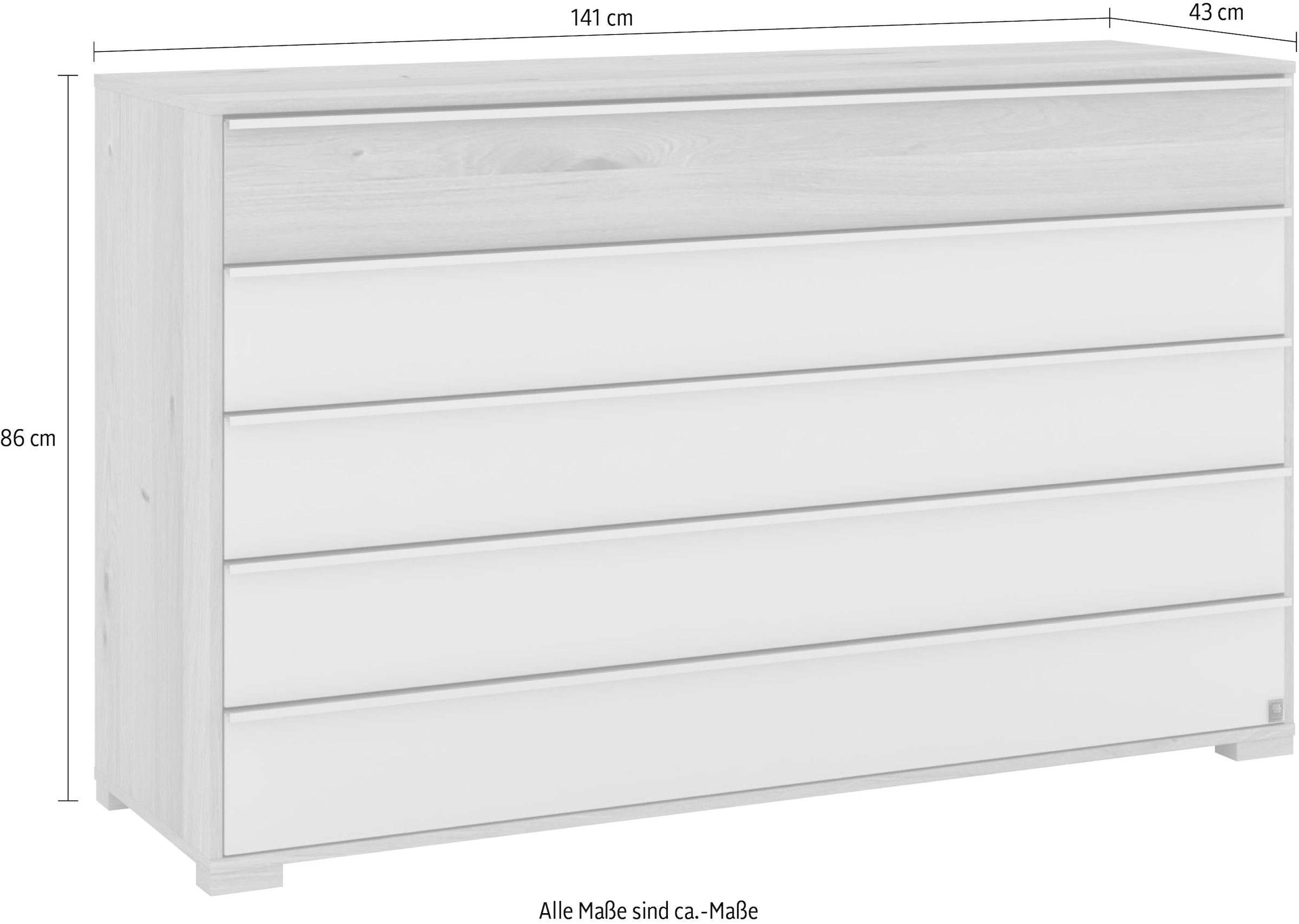 Musterring Schubkastenkommode »Savona Sideboard, Wäscheschrank, mit Schubladen, teilmassiv, 141 cm«, (Bianco-Eiche, mit Glas, mit Selbsteinzug und Dämpfung, MADE IN GERMANY), Fronten in Bianco-Eiche massiv und Glas Champagner, B141 x H 86cm