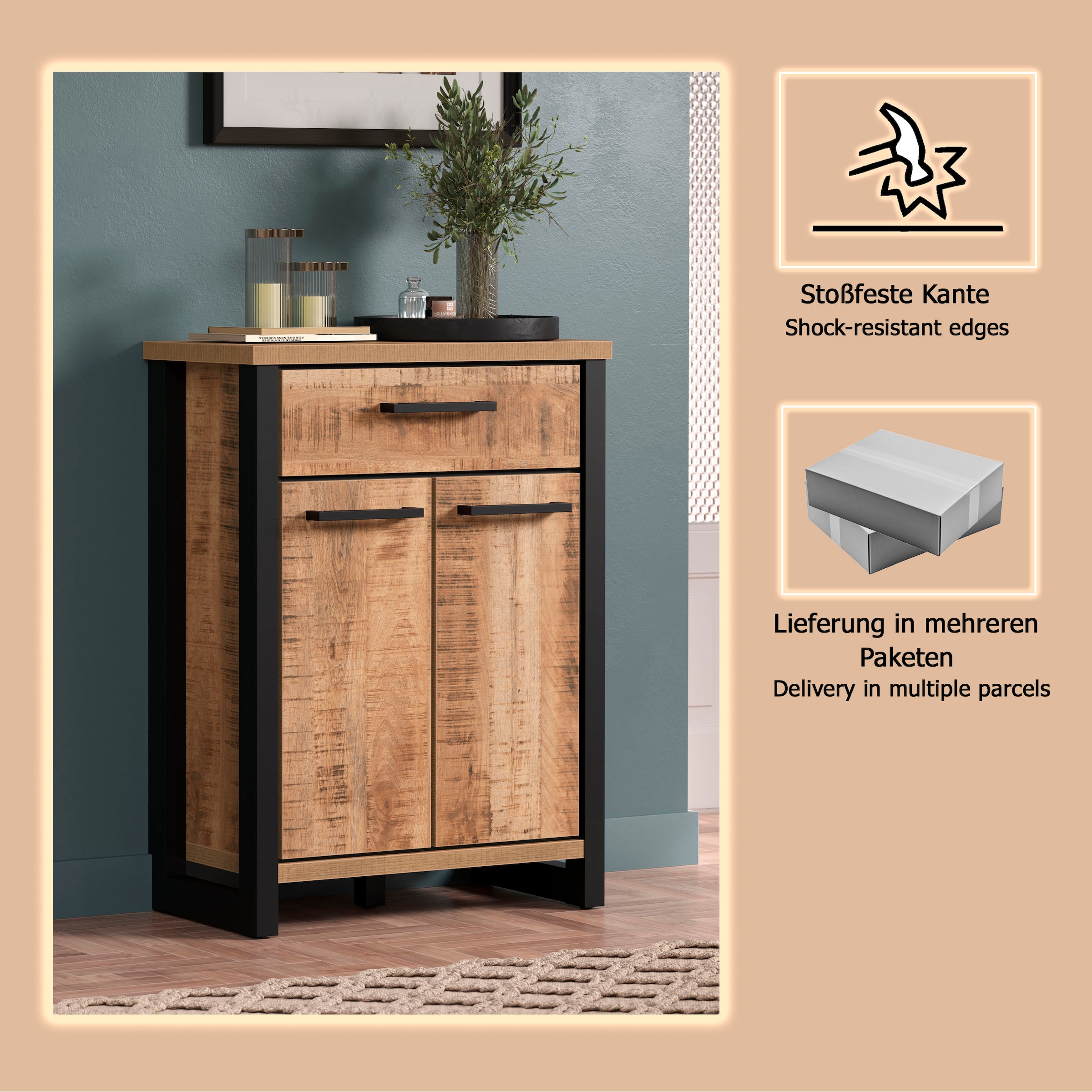 Home affaire Kommode »Elda« 1 Stk. tlg. Kommode mit 2 Türen, 1 Schublade mit Vollauszug – (B/T/H) 73/39/100 cm