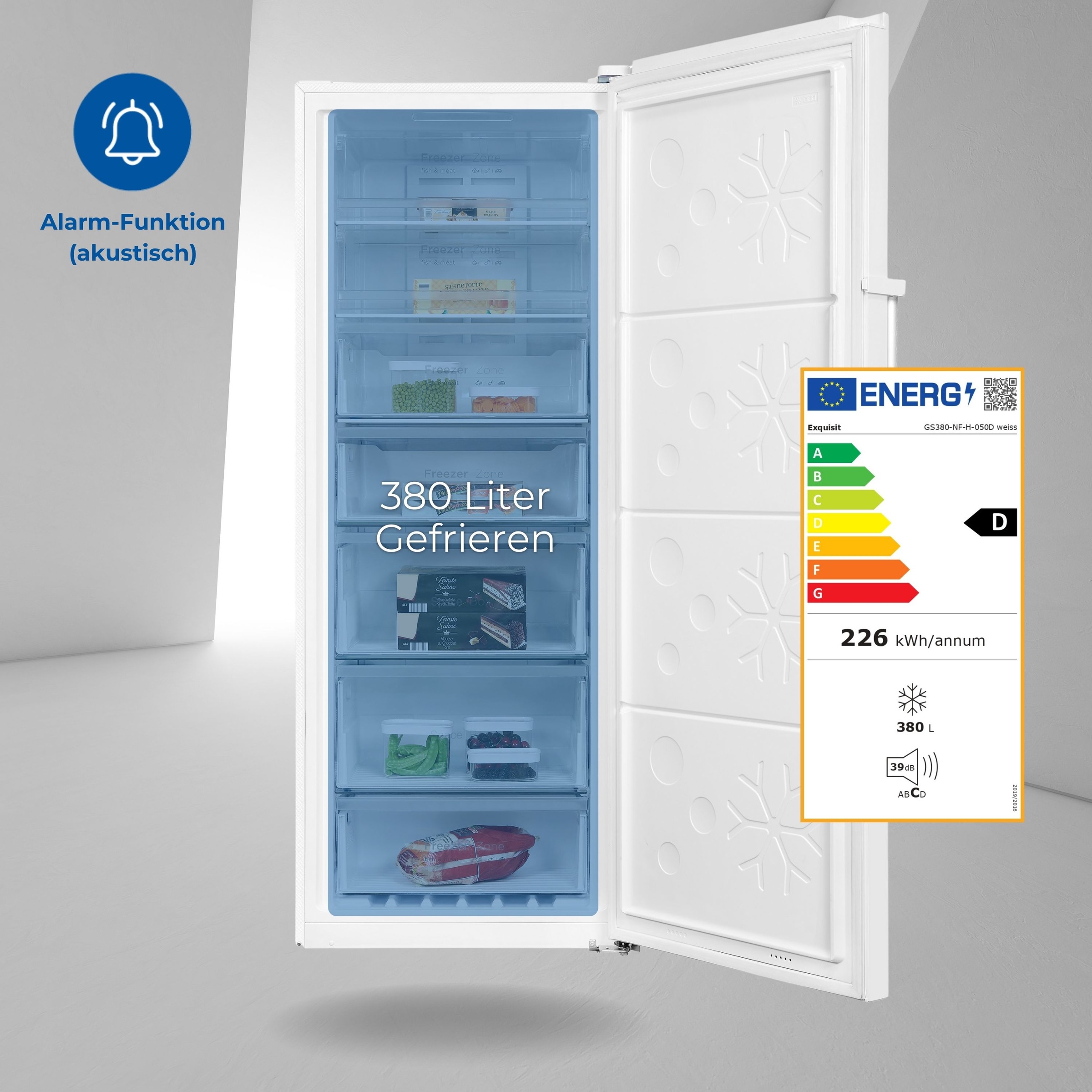 exquisit Gefrierschrank »GS380-NF-H-050D weiss«, 185,5 cm hoch, 71 cm breit, Türanschlag wechselbar