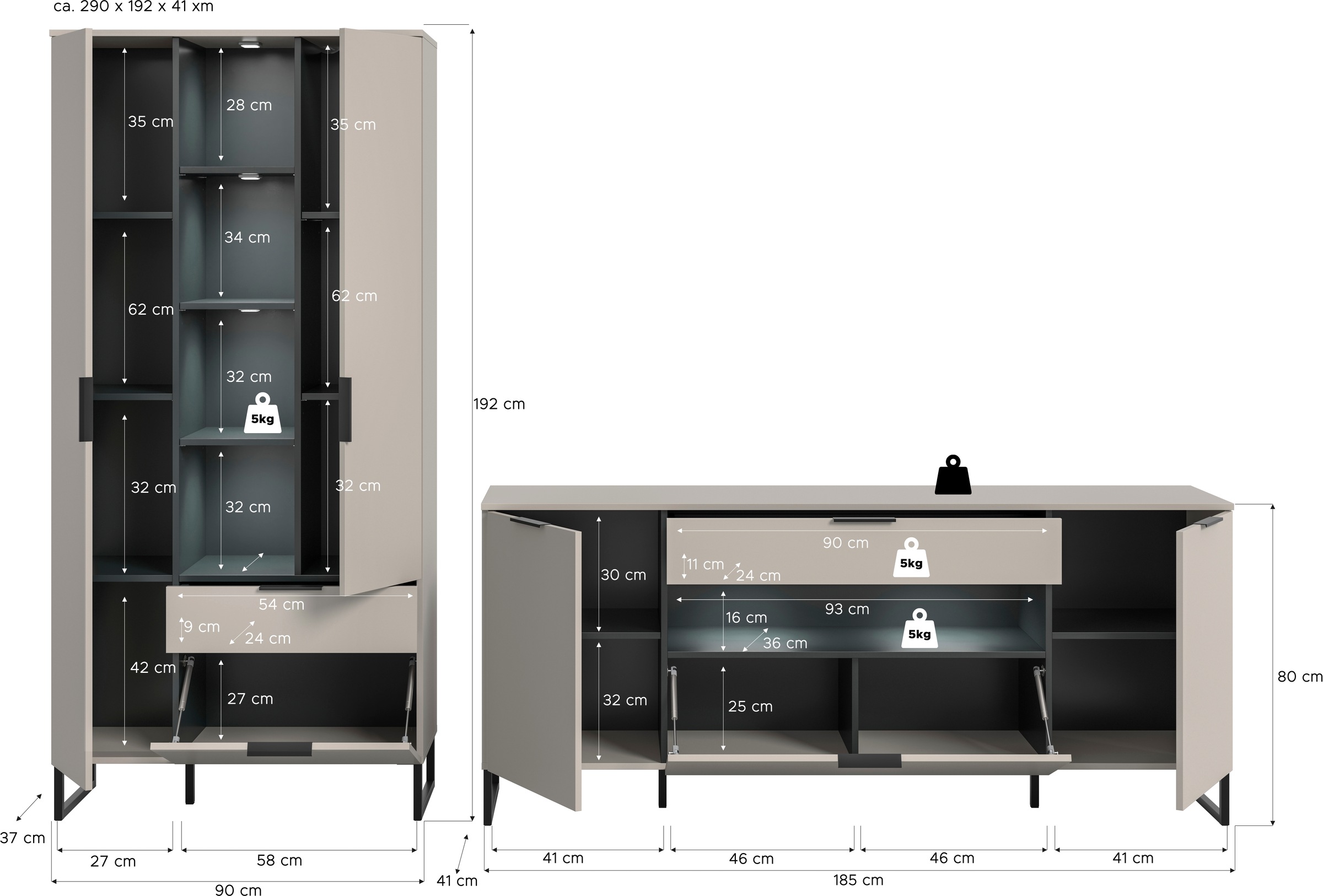 Home affaire Wohnwand »ADIO, Breite 290 cm, 2-teiliges Set, mit Metall-Kufenfüße« Set, bestehend aus: Mehrzweckschrank und Sideboard, 4 Stk. tlg.