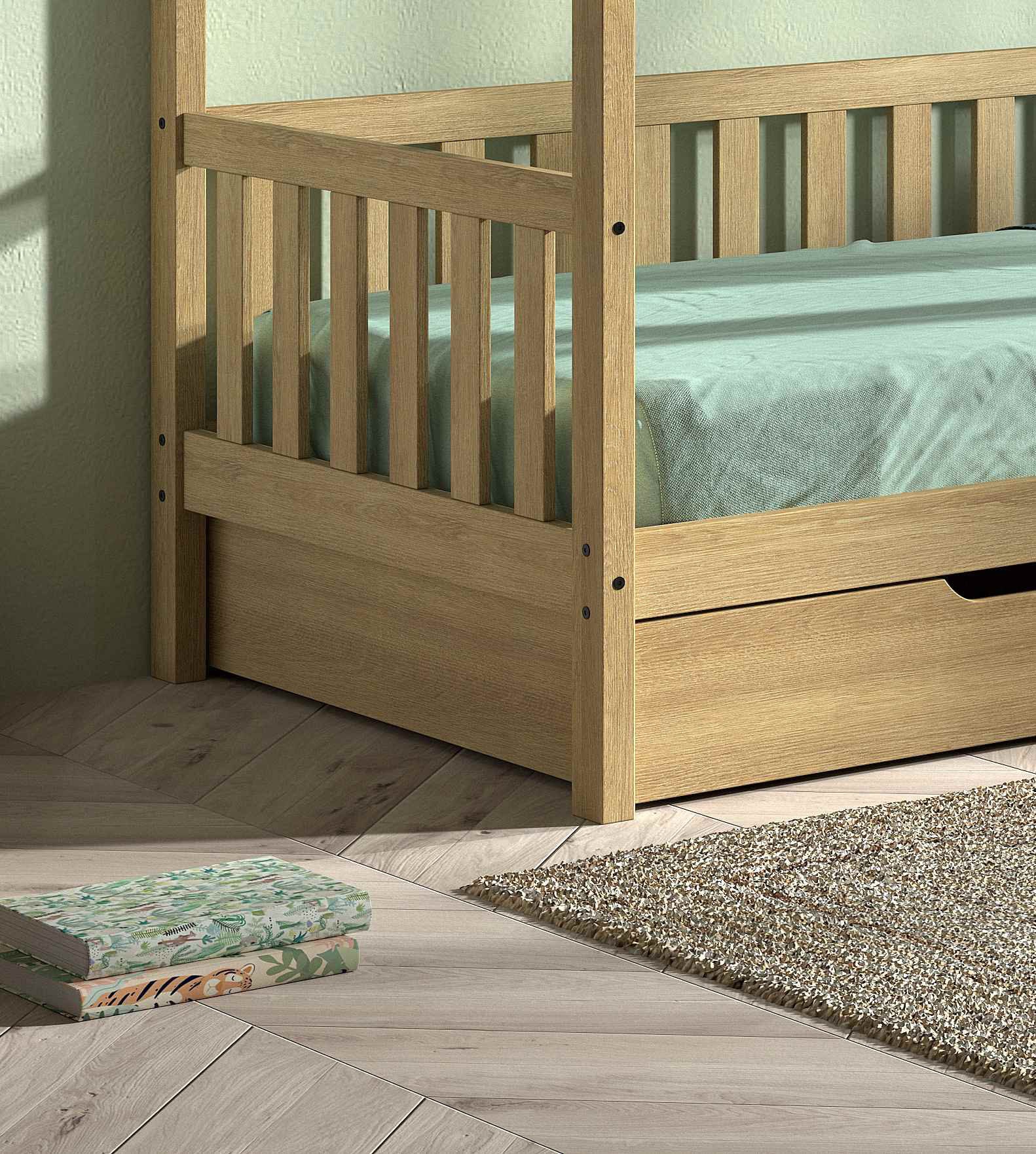 Vipack Hausbett »Cabane, mit Dachaufbau, Bettschublade auf Rollen u. Sprossenumrandung«, (B/H/T ca. 208x169x98 cm) aus massiver Eiche, Oberfläche Natur), sehr stabil und standfest gebaut inkl. Massivholz Rolllattenrost