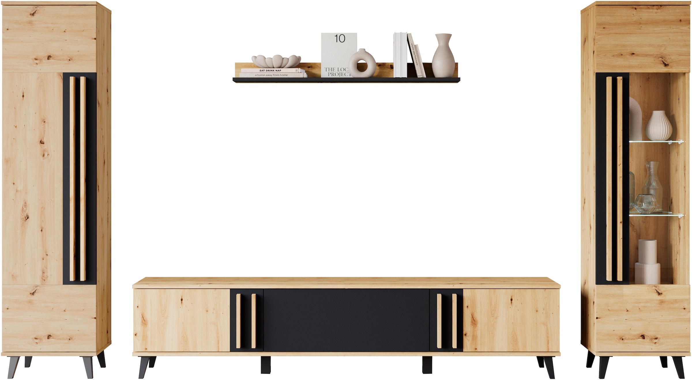 INOSIGN Wohnwand »Helsinki, Modernes Set mit verglaster Vitrine«, (Komplett-Set, 4 St.), mit lamellengriffen, verstellbaren Einlegeböden und Kunststofffüßen