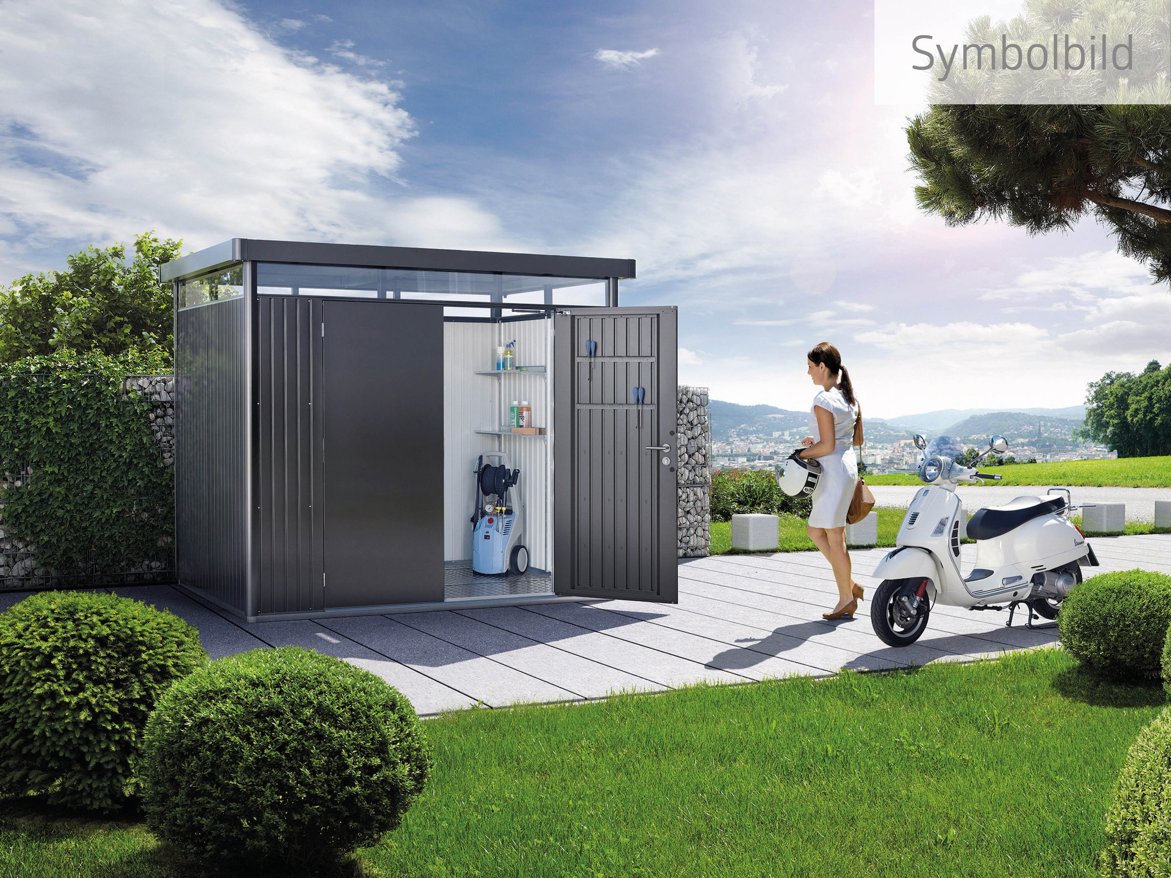 Biohort Gerätehaus »HIGHLINE Gr. H1, verschiedene Farben«, stylisches Metall-Gartenhaus mit Flachdach