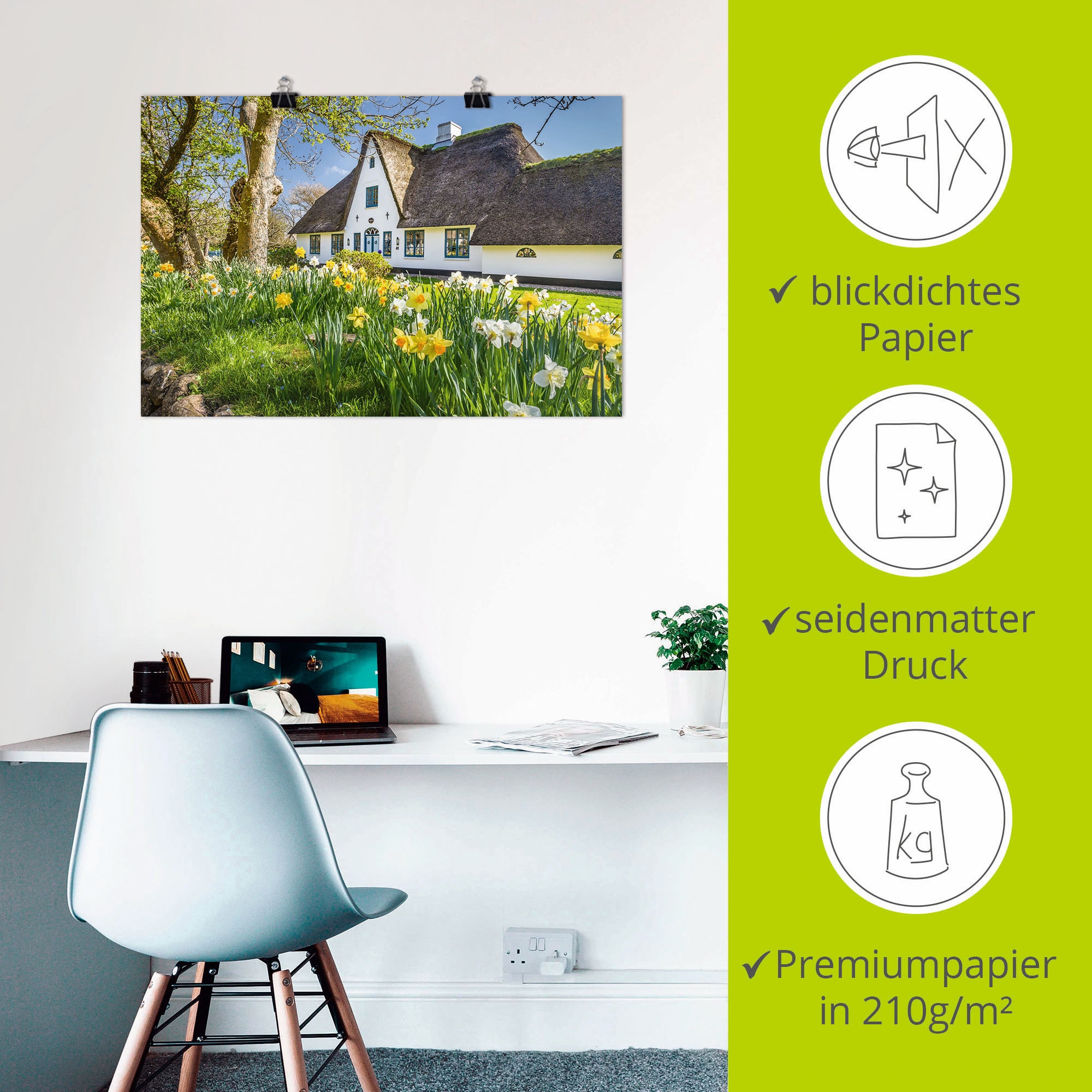 Artland Wandbild »Reetdachhaus auf Sylt im Frühling«, Gebäude, (1 St.), als Alubild, Leinwandbild, Wandaufkleber oder Poster in versch. Größen