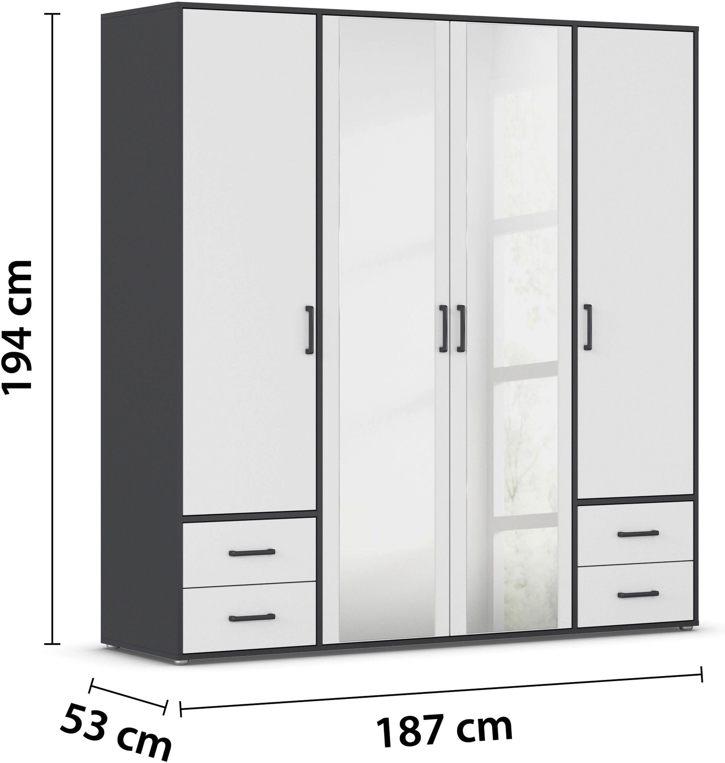 rauch Drehtürenschrank »Kleiderschrank Schrank Garderobe Wäscheschrank VOYAGER«, (in 3 verschiedenen Ausstattungen BASIC/CLASSIC/PREMIUM), mit modernen Griffen in Graumetallic, inkl. Schubkästen und Spiegel