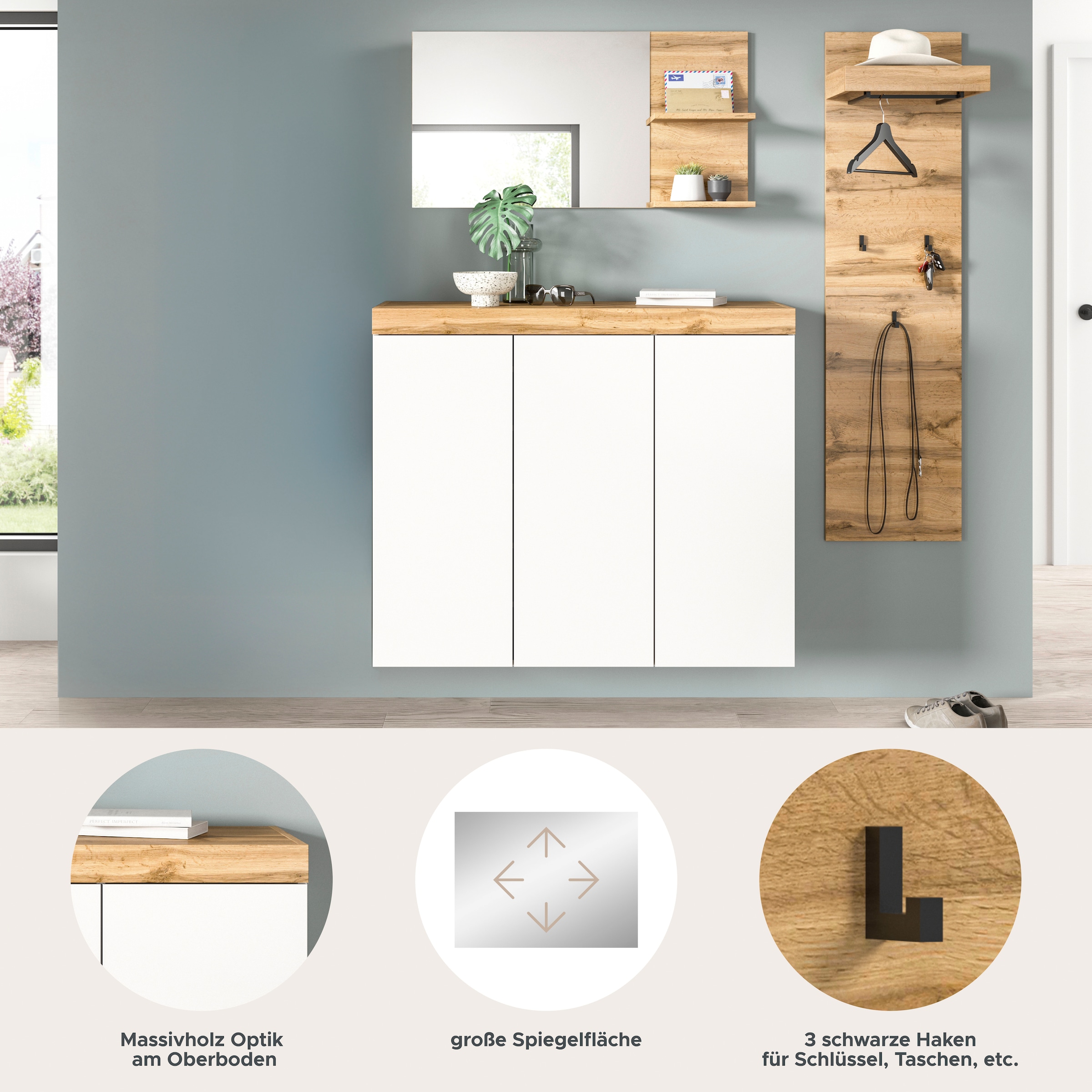 OTTO home Garderoben-Set »MAMBO, TOPSELLER!, 3-teilige Kombination, stehend & hängend montierbar« bestehend aus: Kommode, Spiegel, Garderobenpaneel, 3 Stk. tlg.