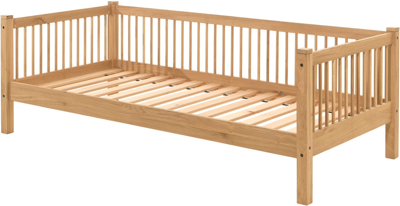 Home affaire Einzelbett »Forrest 90/200 aus massiver Eiche, Oberfläche geölt, stabil gebaut«, (B/H/T ca. 207,5x68x97,5cm, inkl. Massivholz Rolllattenrost), aus massiver Eiche geölt, LF 90x200 cm, wahlweise mit Bettschublade