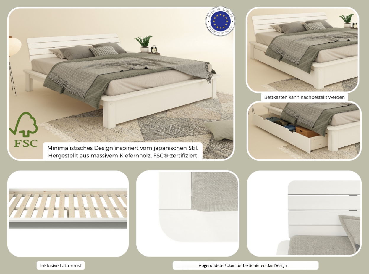 OTTO home Massivholzbett »Antri, Futonbett, ergonomisch geformtes Kopfteil, stilvolles Design« Rahmen zur Ablage von Smartphone, mit Lattenrost, Bettkasten optional